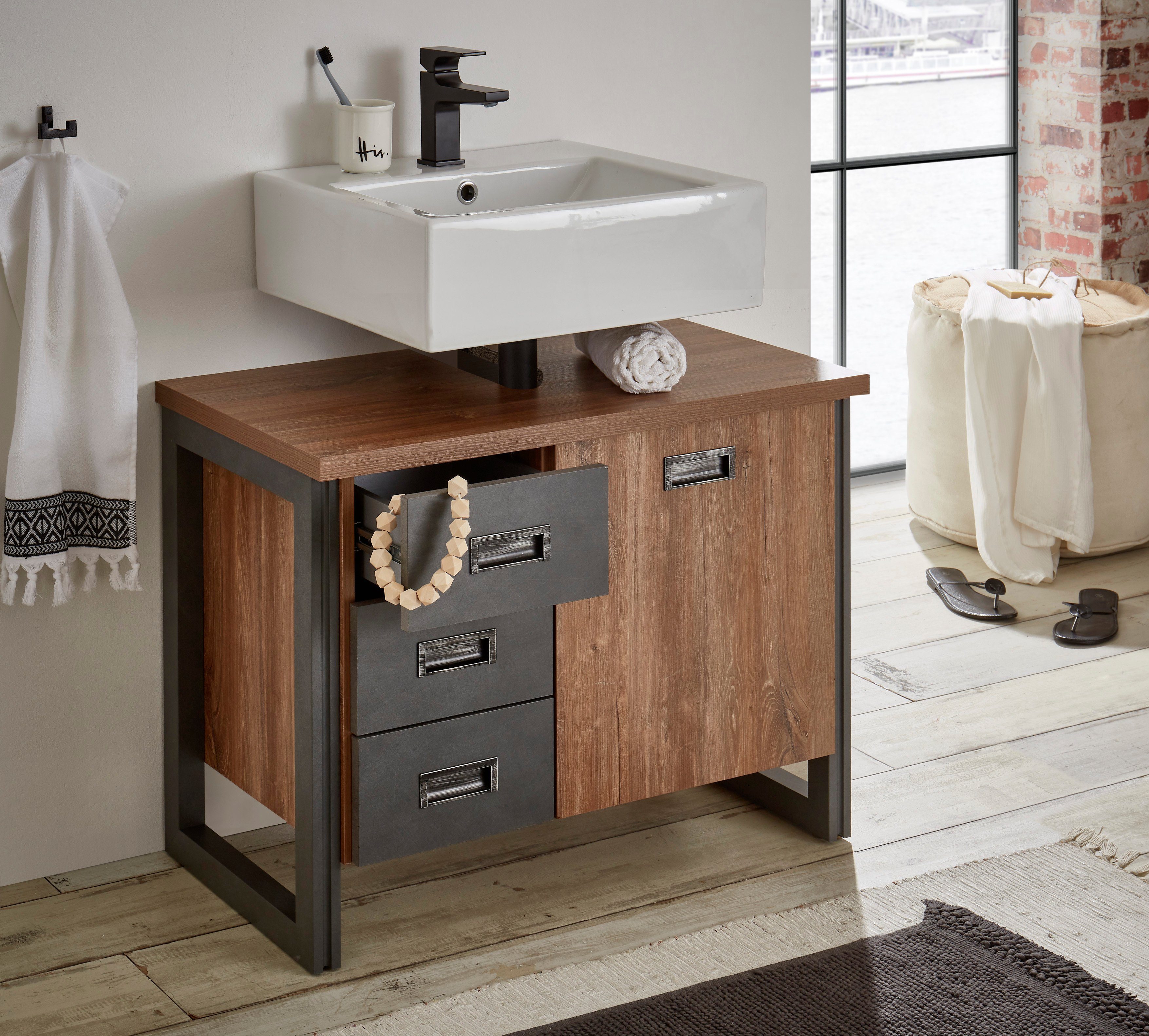 Home affaire Waschbeckenunterschrank Detroit, Waschtisch mit Apothekergriff, Badschrank im Industrialdesign Eiche Dekor, mit Schubladen & Stauraum, Breite 81 cm