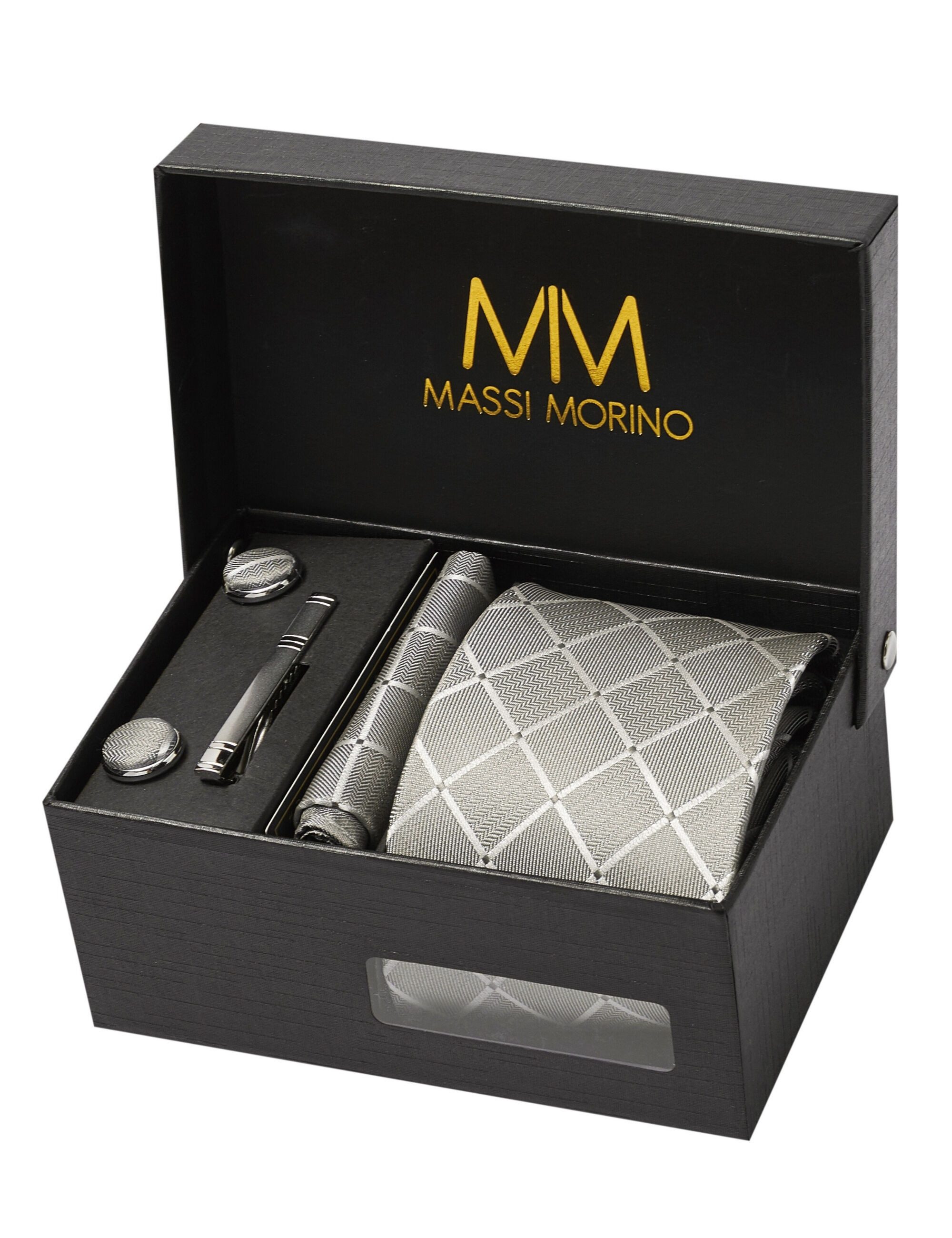 Massi Morino Krawatte (1-St) mit Einstecktuch, Manschettenknöpfen und Krawattenklammer