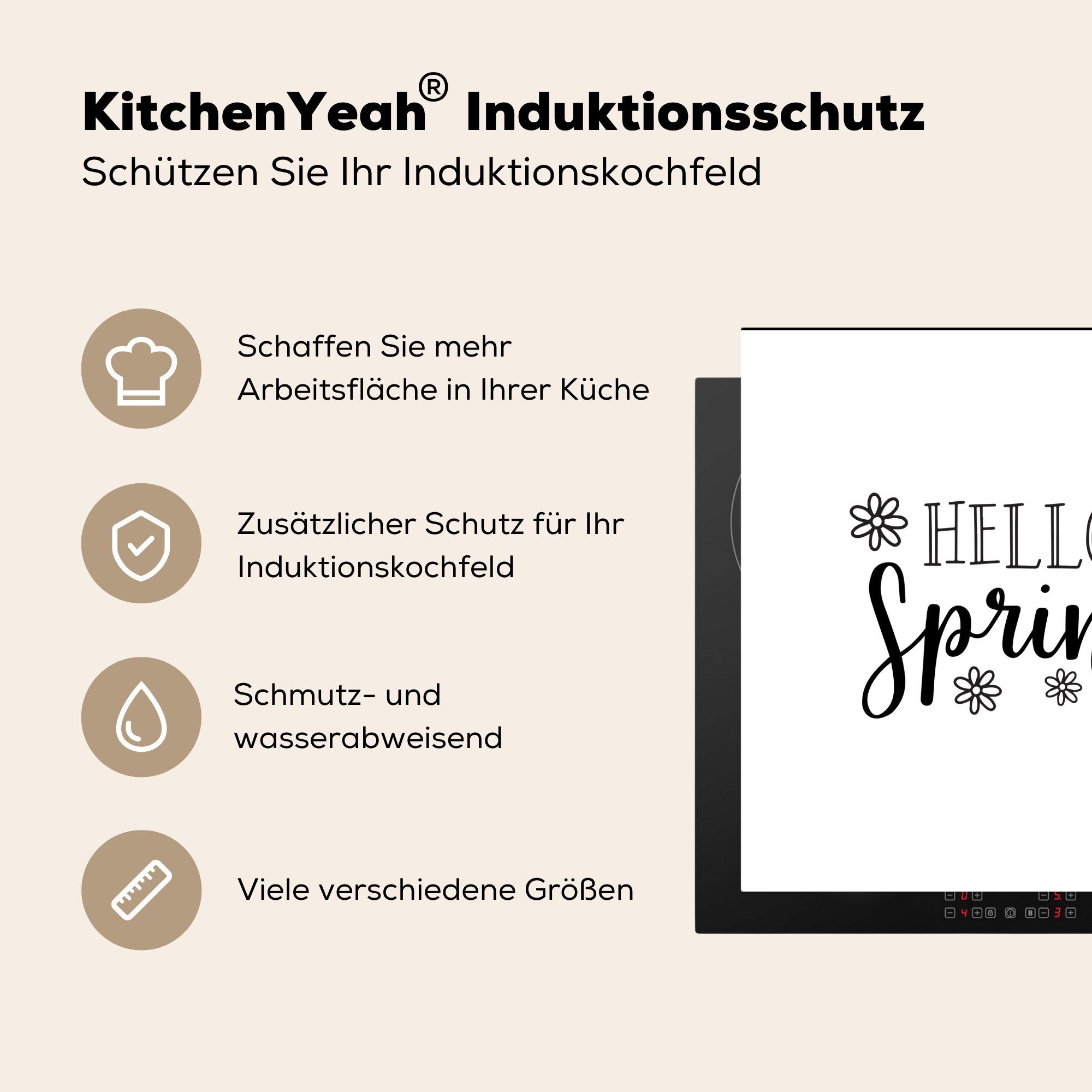 Frühlingszitat Hintergrund, Ceranfeldabdeckung, cm, für weißem tlg), Arbeitsplatte MuchoWow auf "Hallo küche Frühling" Herdblende-/Abdeckplatte Vinyl, 78x78 (1