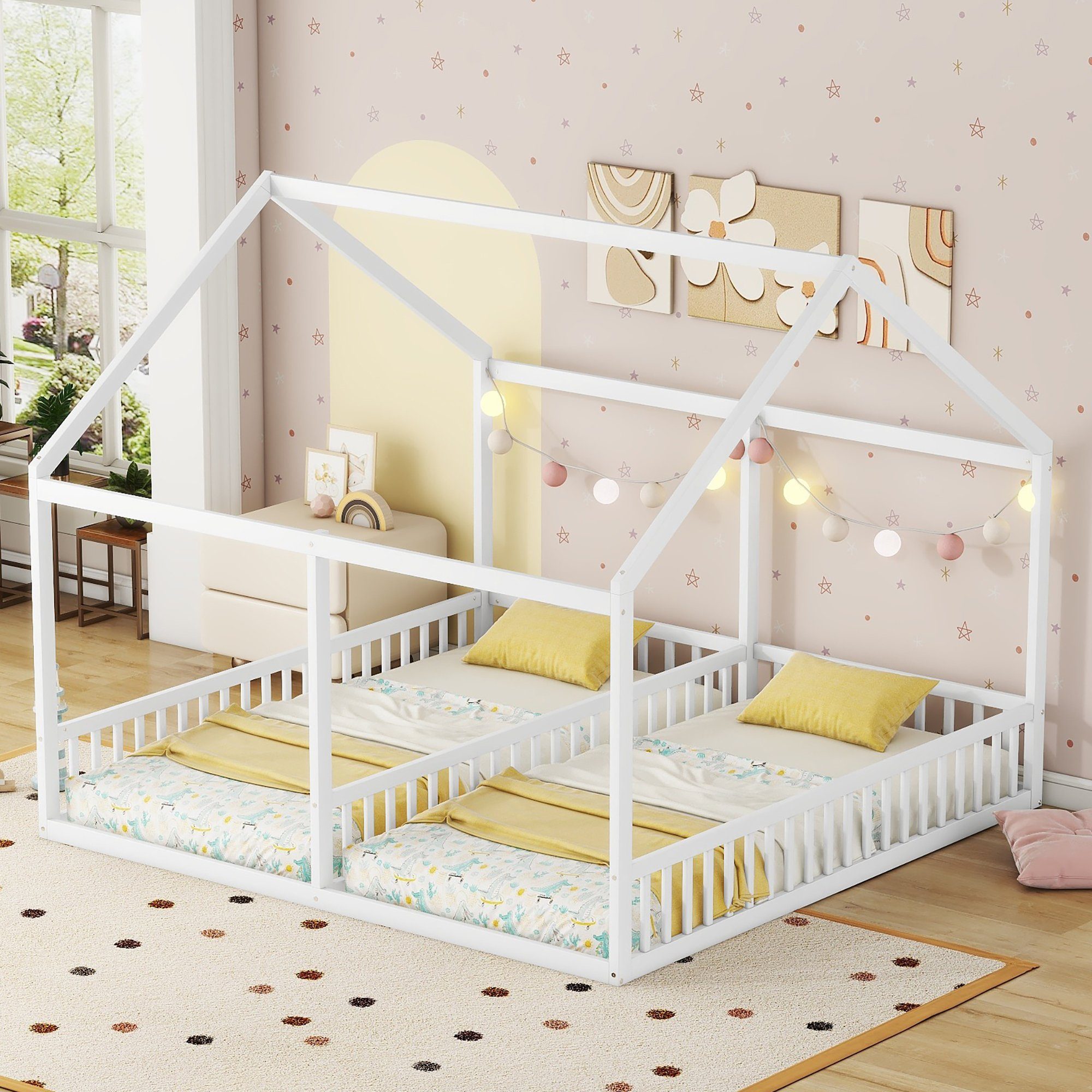 mit Kinderbett 2 weiß aus (90x200 Holzbett Schlafgelegenheiten Kiefer SOFTWEARY Lattenrost und Hausbett cm),