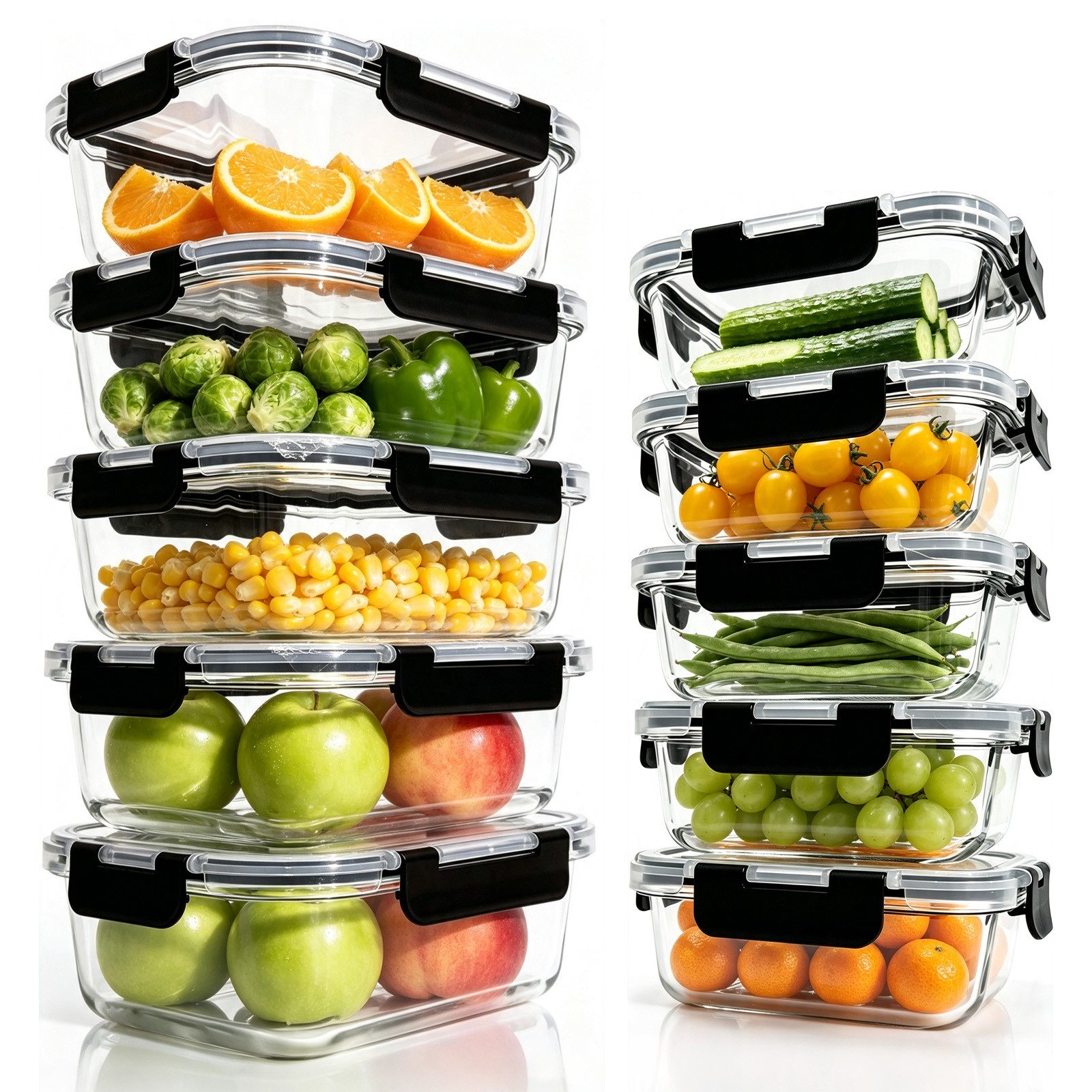 SunJas Frischhaltedose Glasbehälter mit deckel,Frischhaltedosen Glas,5×1040 ml+5×370 ml, glas, (Glas Frischhaltedose,Glas‑Lunchbox,Glas Lebensmittelbehälter, 10-tlg., Borosilikatglas,spülmaschinenfest & mikrowellengeeignet,auslaufsicher), Geeignet für Meal‑Prep, Kühlschrank, Picknick & Speisentransport.