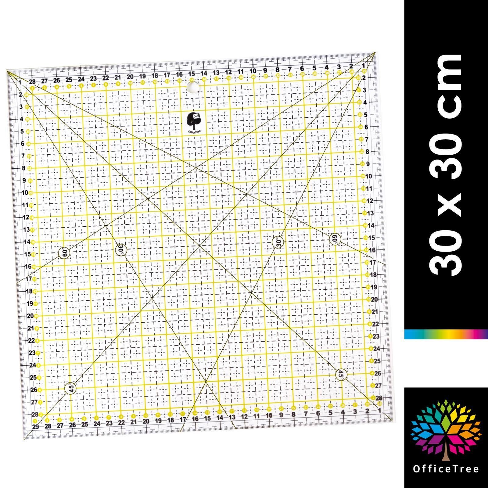 OfficeTree Lineal Schneiderlineal - 30x30 cm, Patchworklineal Lineal zum Nähen mit exakten Abmessungen und Zuschnitten