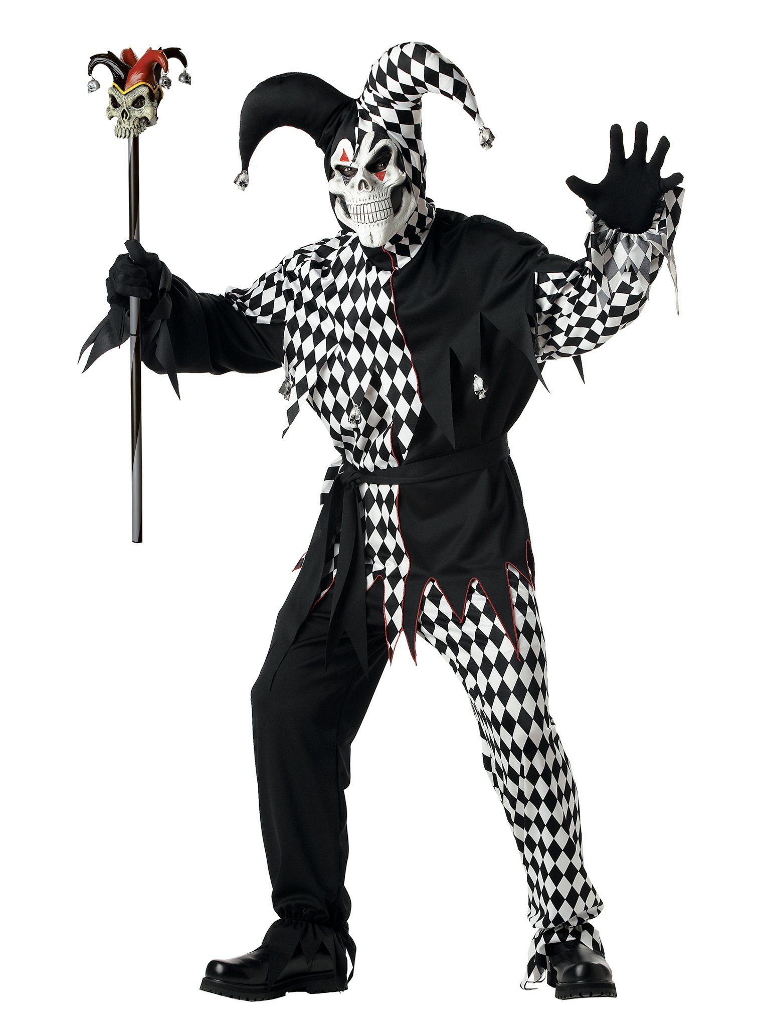 Metamorph Clown-Kostüm Hofnarr - Clown Horror Halloween Kostüm Herren, Zum Totlachen: dämonisches Jokerkostüm in Schwarz und Weiß