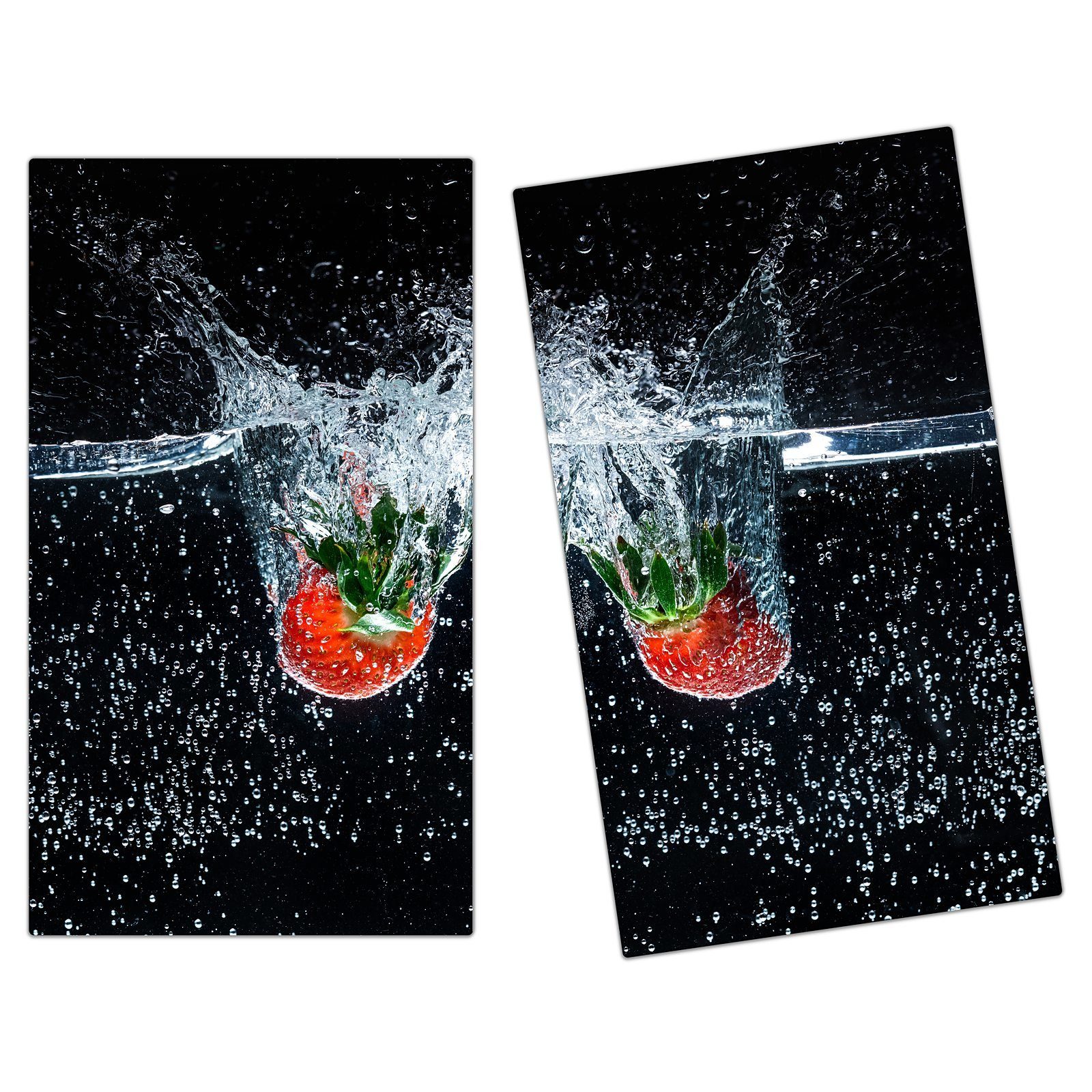 Primedeco Herd-Abdeckplatte Herdabdeckplatte Spritzschutz aus Glas Erdbeeren in Wasser fallend, Glas, (2 tlg)