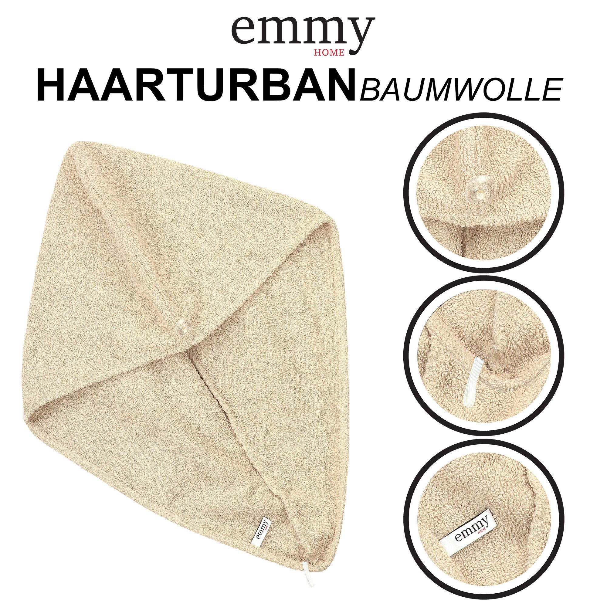 Haarturban, mit Turban-Handtuch 100% Home Baumwolle Emmy (2-St), Beige knopf