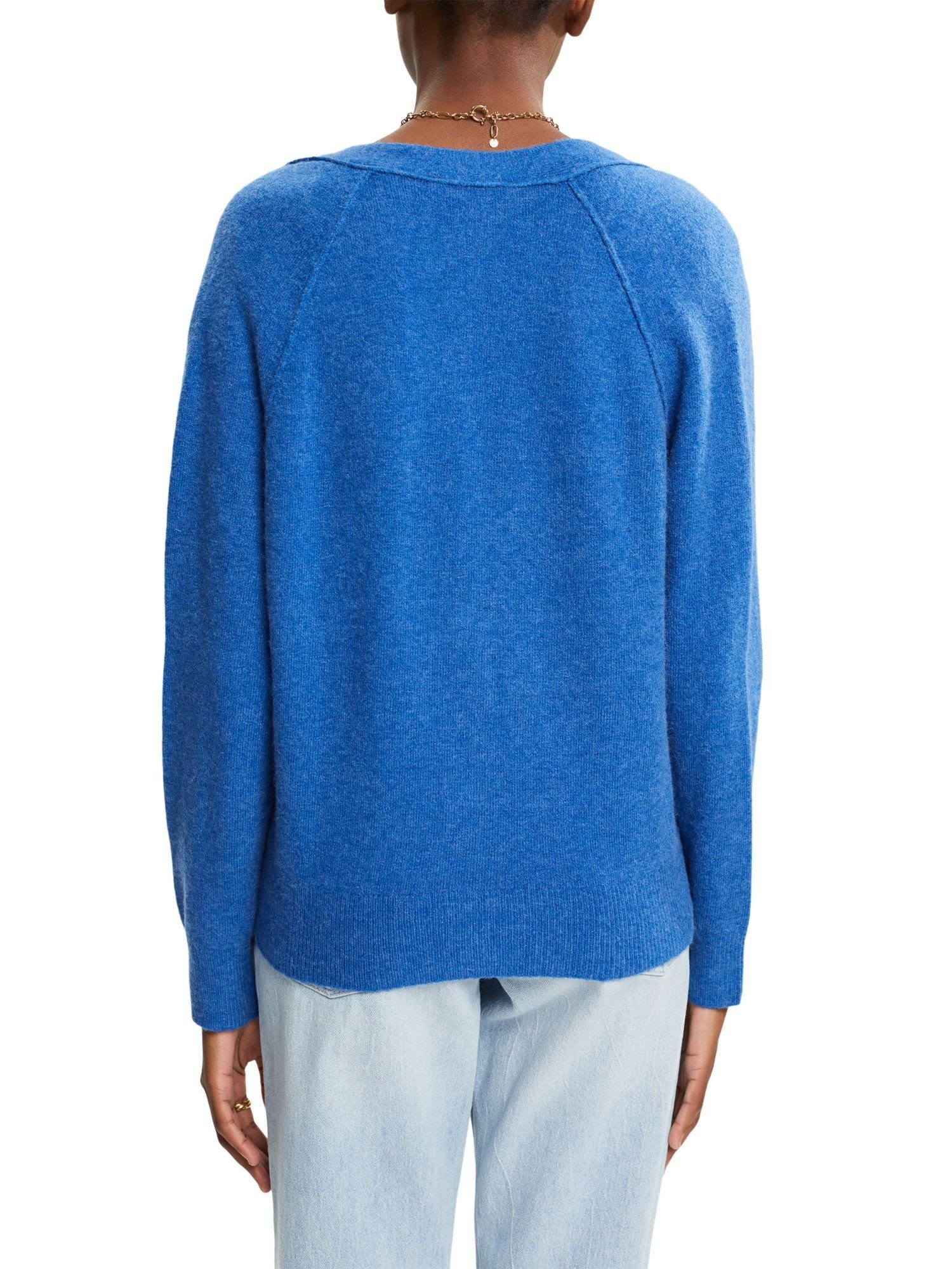 BLUE Cardigan (1-tlg) Strickjacke V-Ausschnitt Esprit Mit BRIGHT mit Wolle: