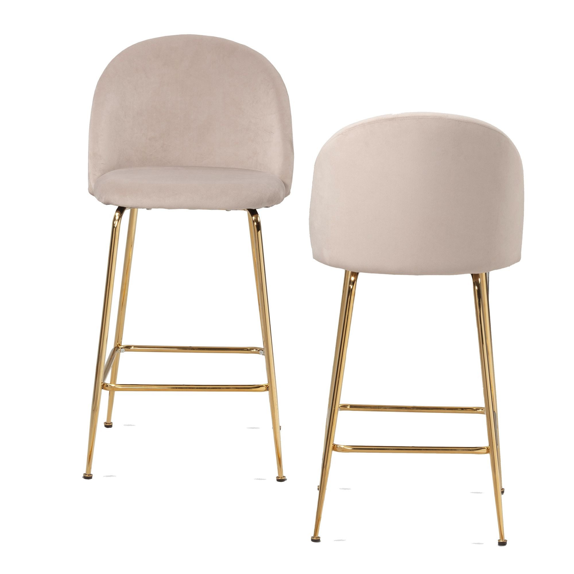 Barhocker 2er Set Barhocker Samt Beige Hocker mit Lehne & goldenen Beinen