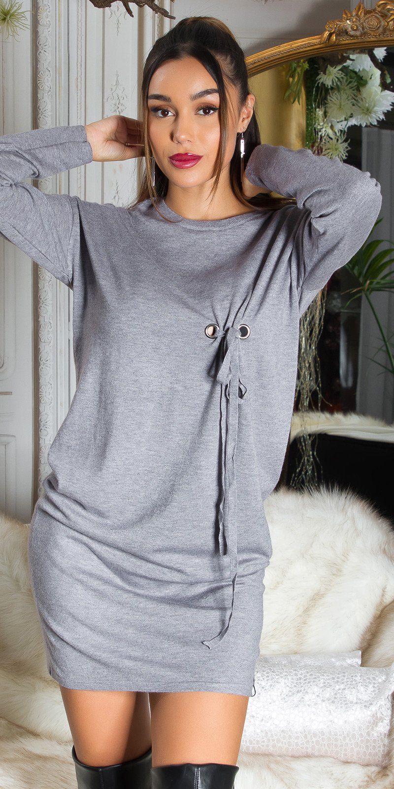 Koucla Sweatkleid Minikleid Pulloverkleid mit Ösen grau