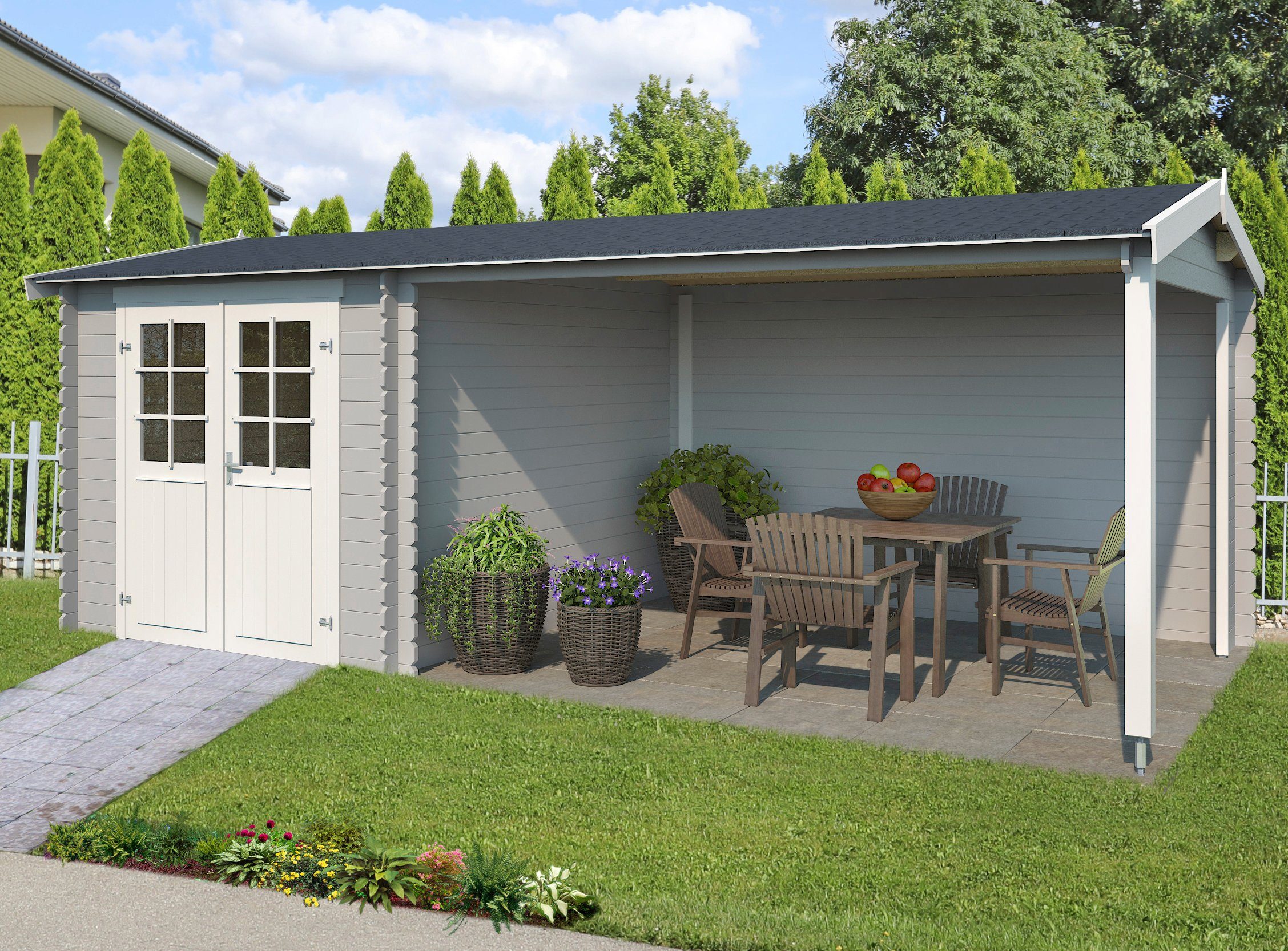 LASITA MAJA Gartenhaus Ivana, BxT: 590x295 cm, Blockbohlenhaus 28mm mit Anbau