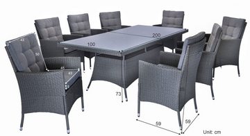 KONIFERA Garten-Essgruppe Korfu, (Set, 17-tlg., 8x Sessel, 1x Tisch 200x100x73,5cm, inkl. Auflagen, inkl. Schutzhülle), Polyrattan, Stahl, Ablagefläche unter der Tischplatte, Dunkelgrau