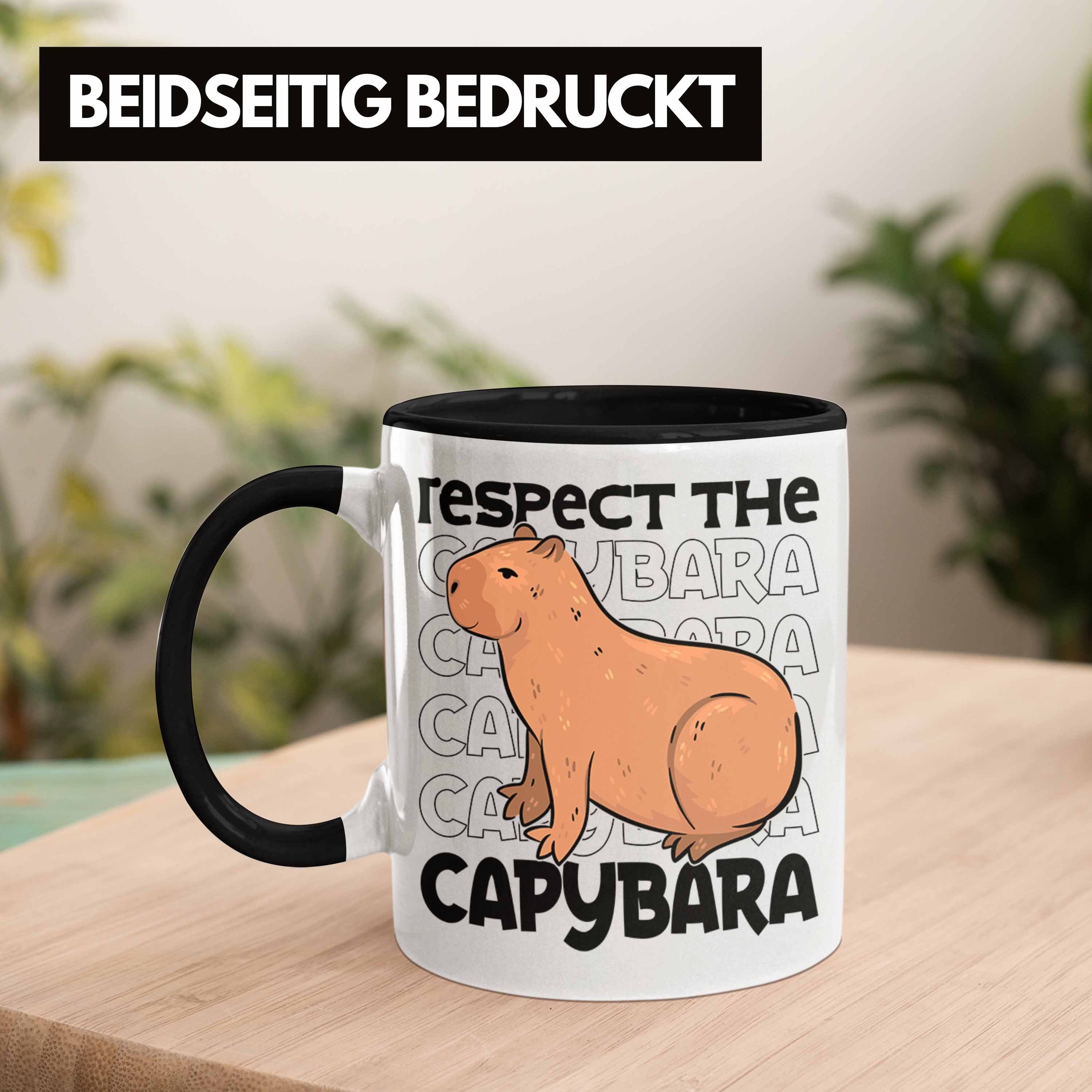 Trendation Tasse Respect The Capybara Capy Schwarz Tasse für Geschenk Kaffeetasse Capybara Tier