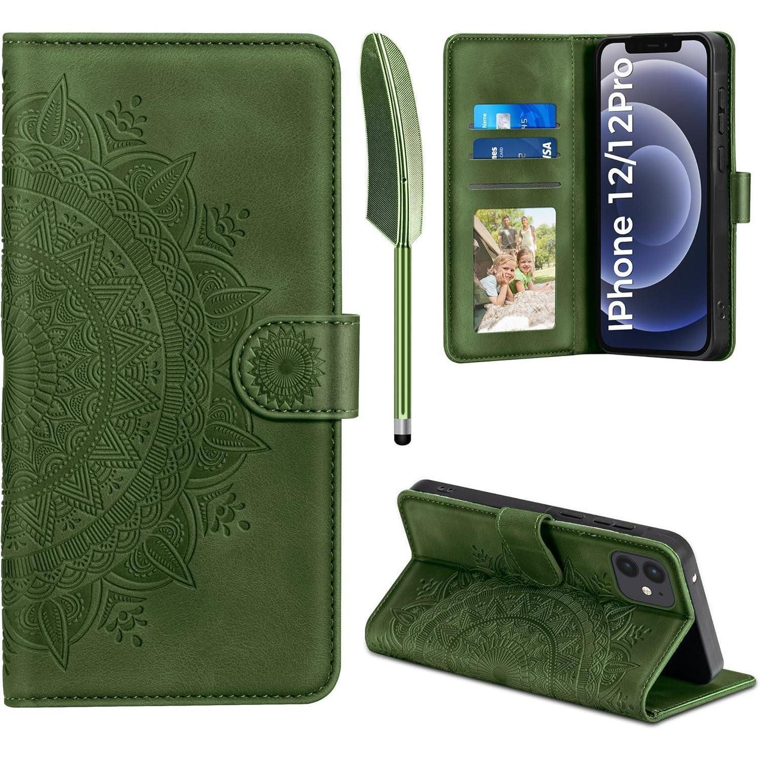 LuxusKollektion Flip Case Handyhülle iPhone 12 12 Pro Flip Kartenfach iPhone 12 12 Pro Grasgrün