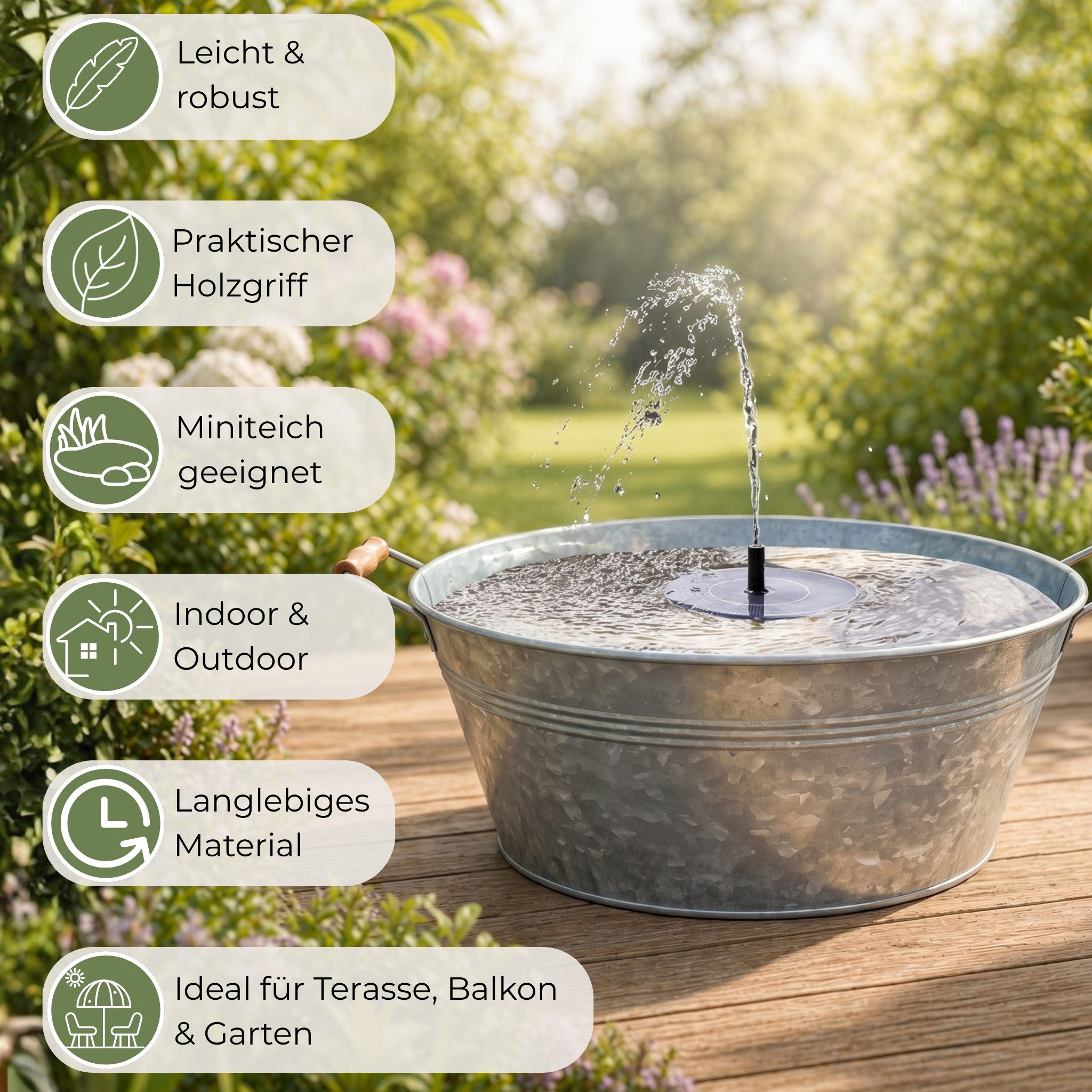 matches21 HOME & HOBBY Blumentopf Große Zinkwanne mit Holzgriffen als wetterfeste Deko-Schale 50 cm (1 St), Metall-Schale für Draußen als Garten Pflanzschale Solarbrunnen