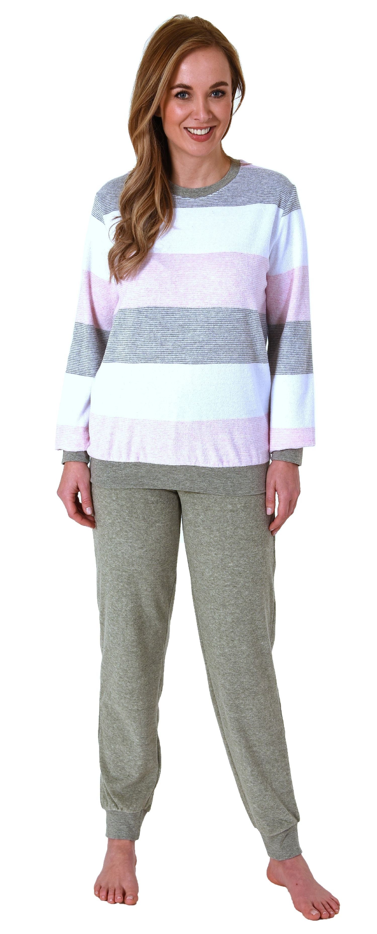 Normann Pyjama Bündchen Streifenoptik in mit Pyjama Frottee rosa Block Damen