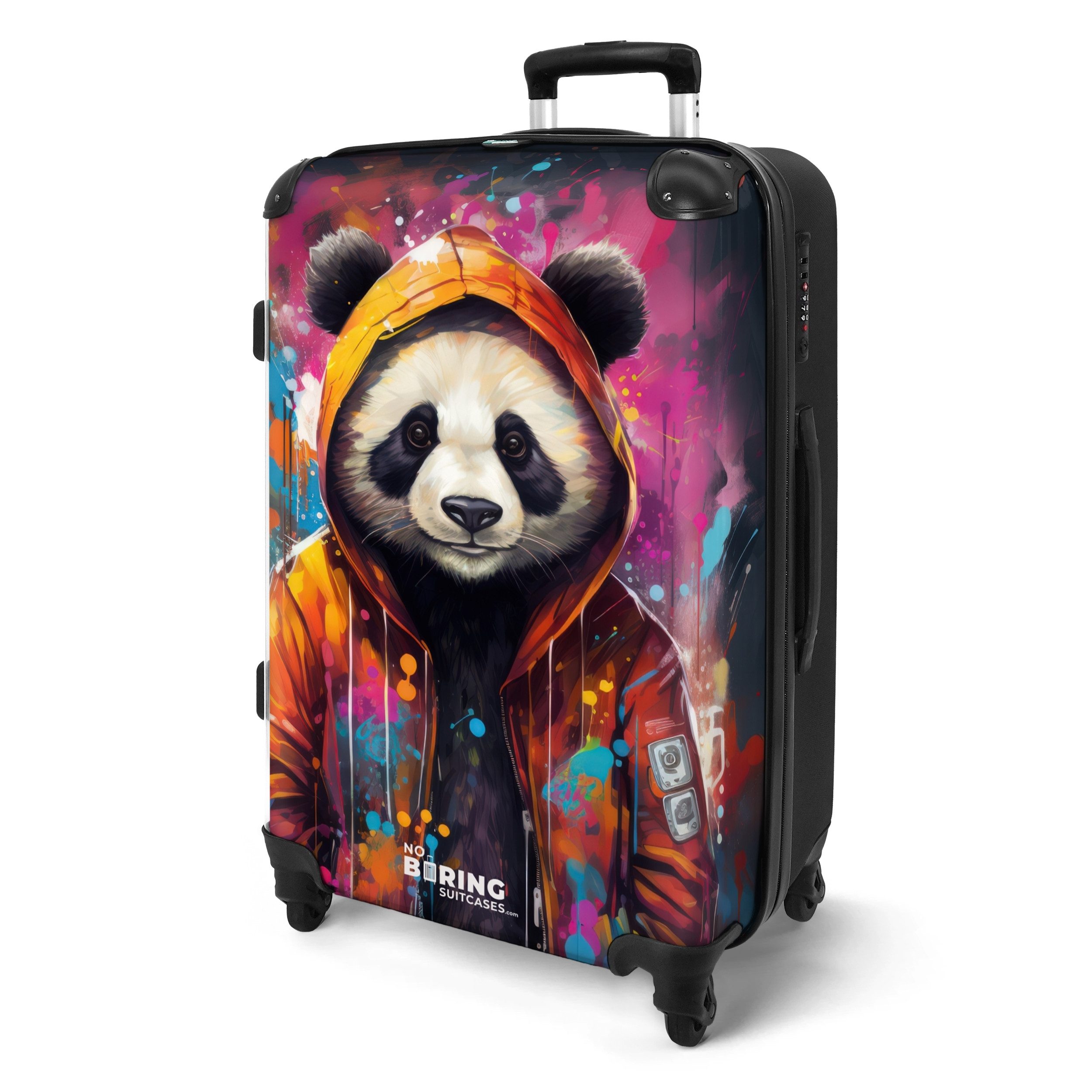 NoBoringSuitcases.com© Hartschalen-Trolley Panda mit orangefarbener Jacke günstig online kaufen