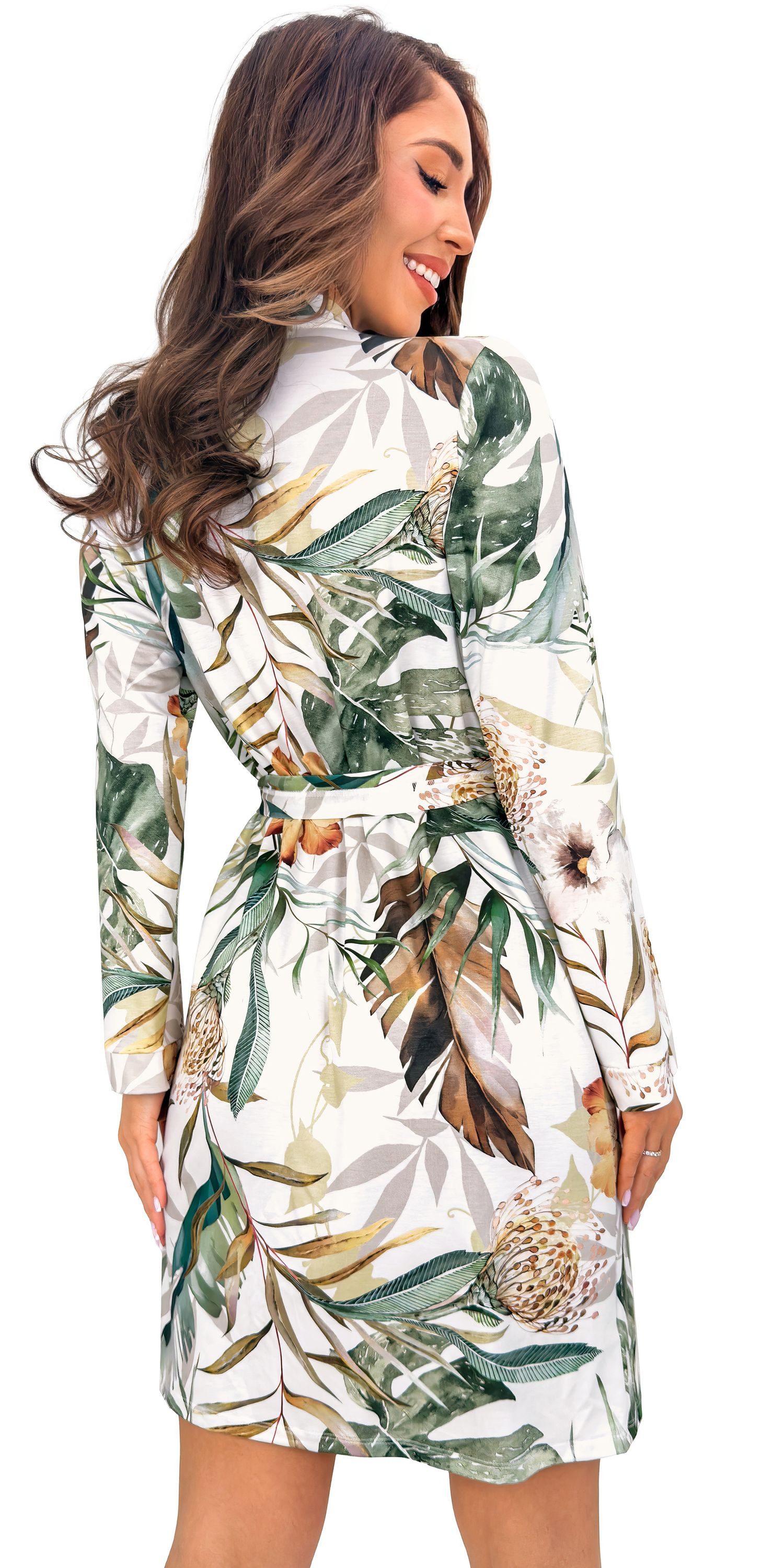 Donna Damenbademantel Olivia, knielang, Viskose, Gürtel, Damen Morgenmantel Bademantel Kimono Langarm Blumen ca.95cm