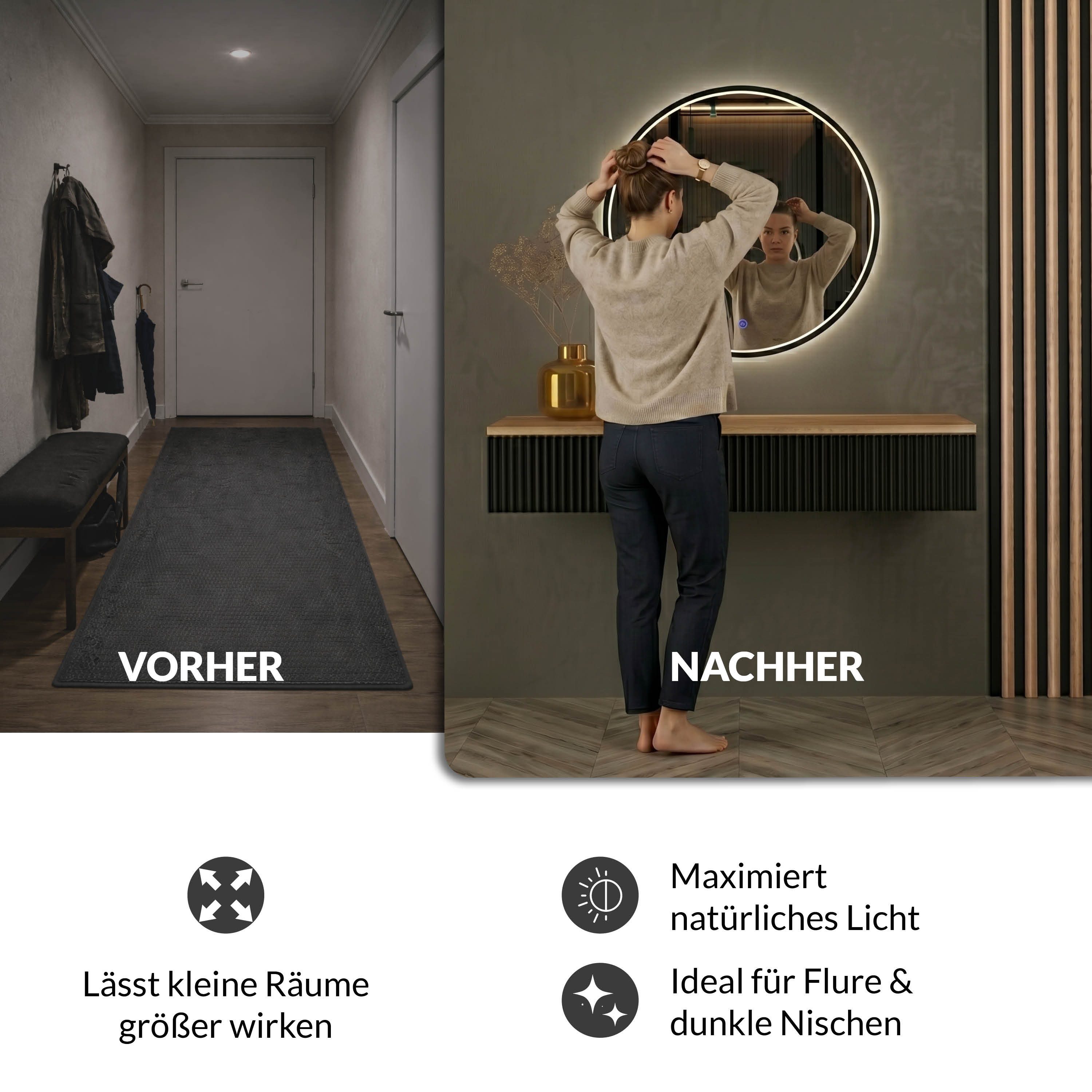 Planetmöbel Dekospiegel Spiegel VELUNA rund 60 - 100 cm (3000-6500k), für Badezimmer, Flur oder Garderobe