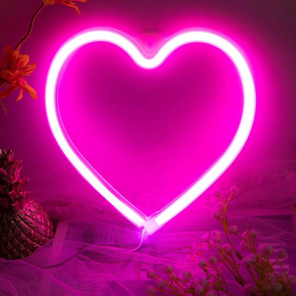 Herz Party LED Rosnek für Dekolicht Schlafzimmer Alien, Blitz, Batterie/USB, Lichter Deko Neon Schmetterling Wand, Rosa
