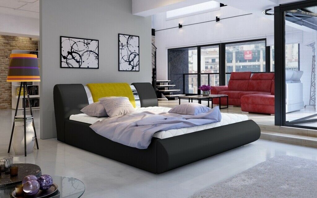 180x200cm Schlafzimmer Design JVmoebel Schwarz/Gelb Luxus Bett, Bett Polster