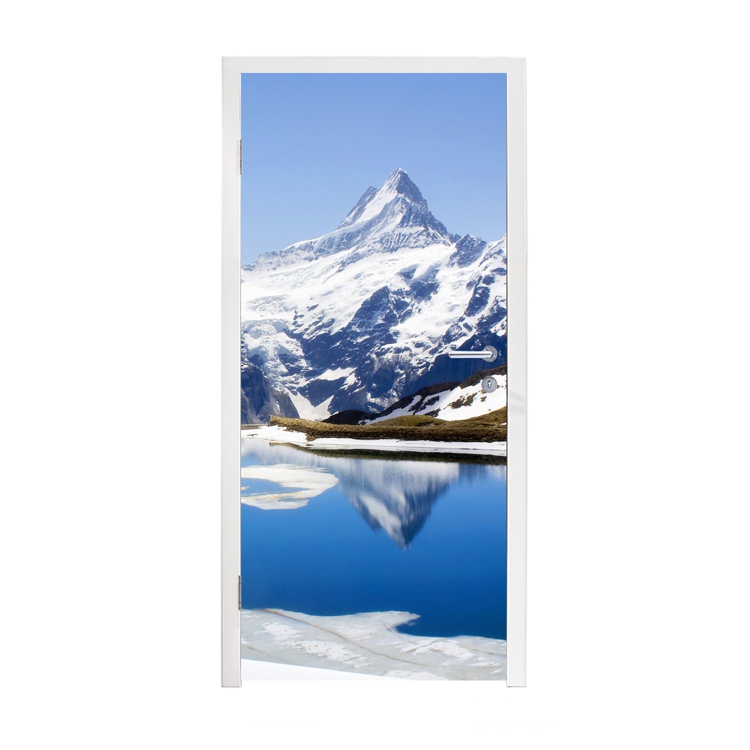 MuchoWow Türtapete Spiegelung der schneebedeckten Berge in der Schweiz in einem See, Matt, bedruckt, (1 St), Fototapete für Tür, Türaufkleber, 75x205 cm