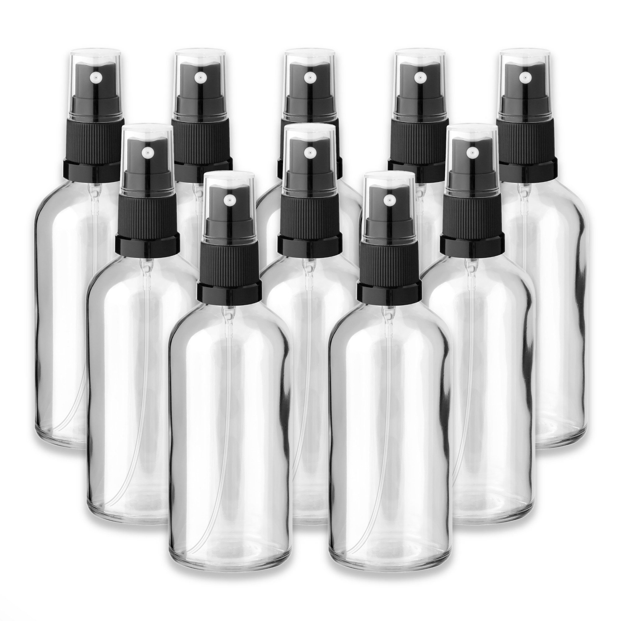 CK Verpackung GmbH Zerstäuberflasche 10x Klare Glasflasche 100 ml mit schwarzem Zerstäuber Sprühkopf Spray (Set x10)