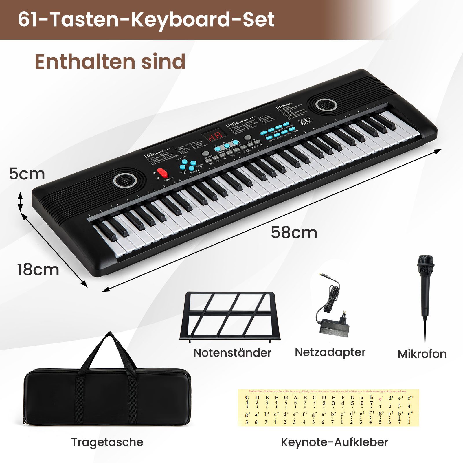 COSTWAY Home-Keyboard, Digital Piano, 61 Tasten, mit Ständer & Tragetasche, für Kinder