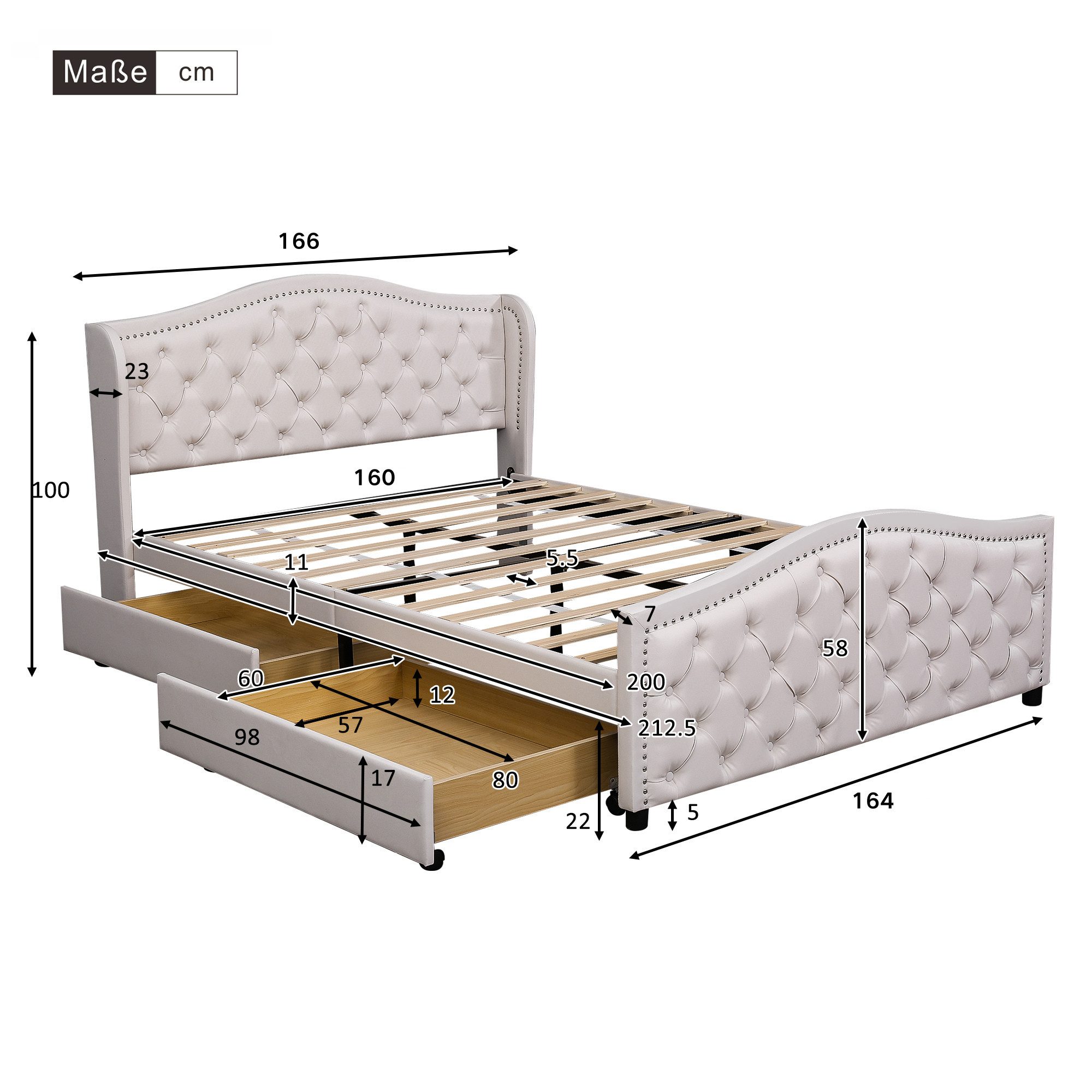Odikalo Stauraumbett Polsterbett, Lattenrost, 2 Schubladen, Kopfteil Leder Weiß 140/180x200. Reduzierter Preis € 353,00. Unverbindliche Preisempfehlung € 699,00, (€ 353,00 pro 1 Stk)