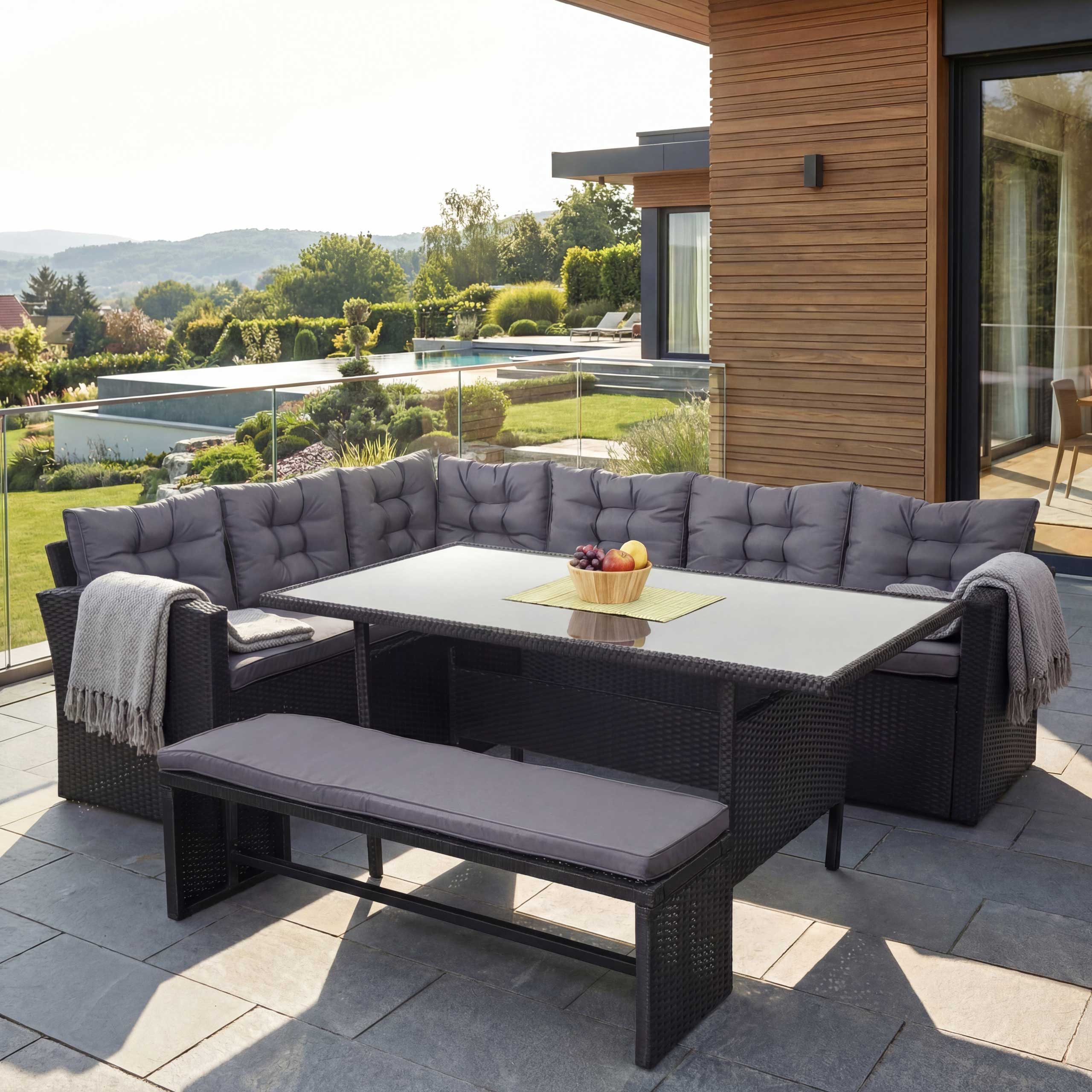 MCW Polstergarnitur MCW-A29-S, (3-tlg., 1 Eckbank, 1 Tisch, 1 Sitzbank), Tisch verstärkt durch Unterkonstruktion, Kissen mit Reissverschluss