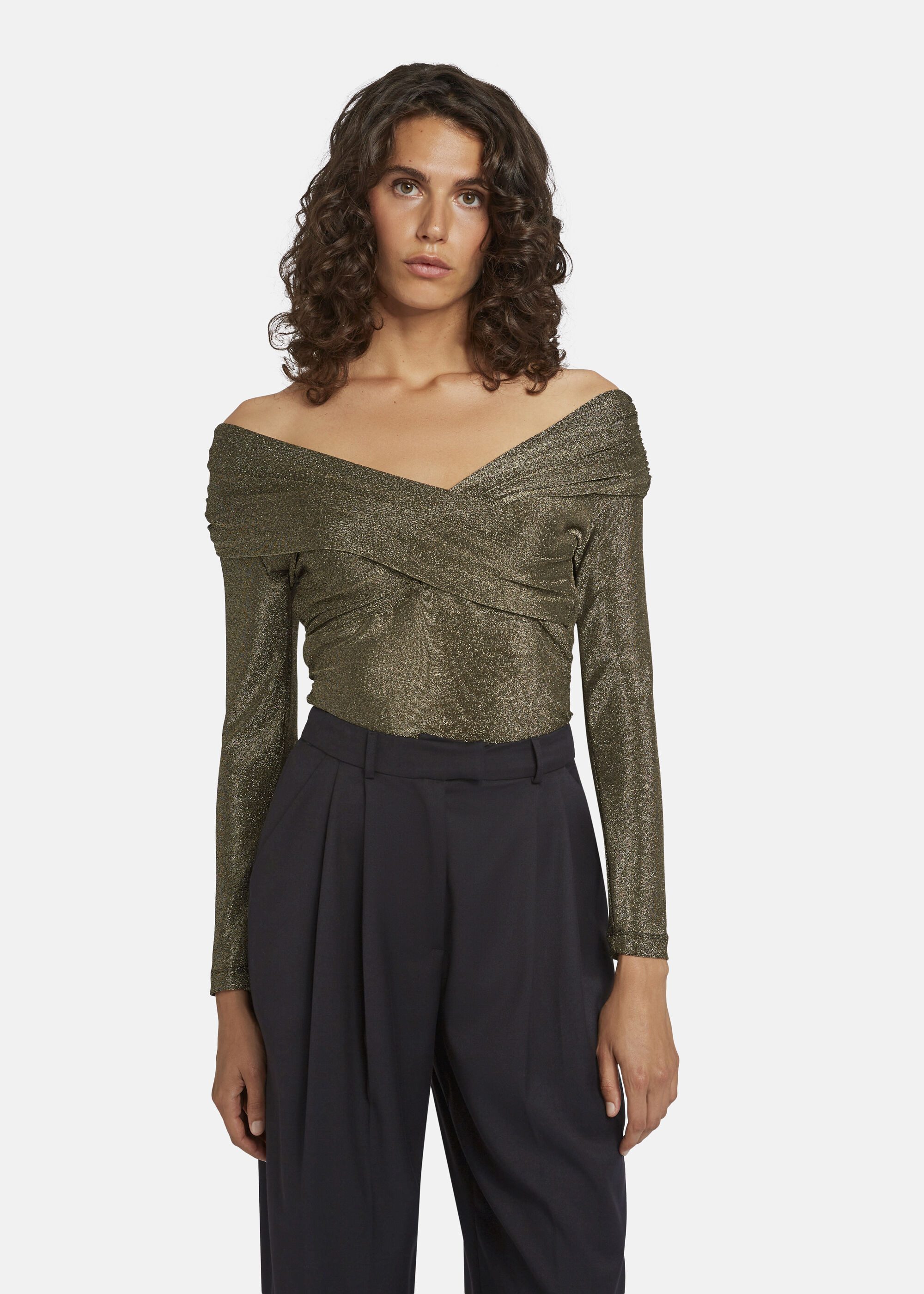 Nicowa Langarmshirt AWILONO (1-tlg) mit Bardot-Ausschnitt aus Jersey-Lame