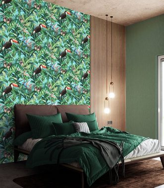 Newroom Vliestapete, Türkis Tapete Tropisch Dschungel - Dschungeltapete Palmentapete Grün Bunt Floral Modern Blätter Tukan für Wohnzimmer Schlafzimmer Küche