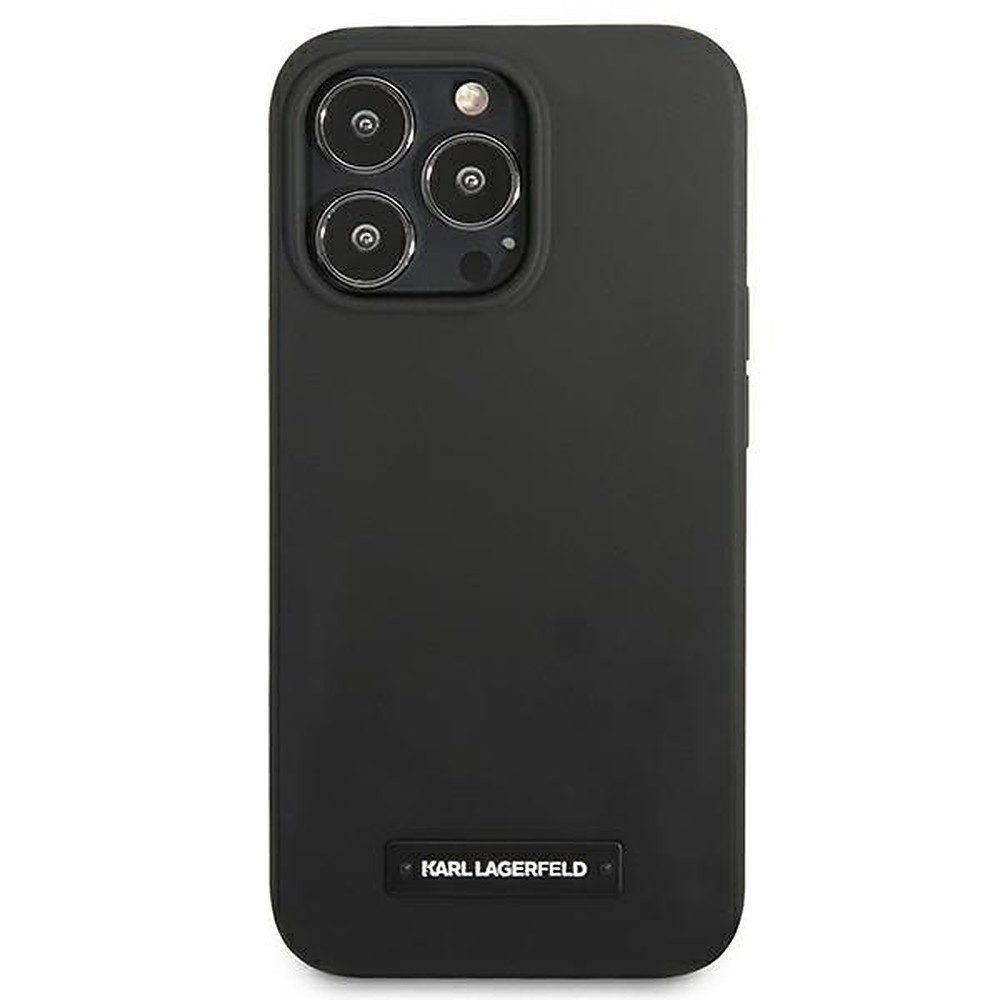 KARL LAGERFELD Handyhülle Schutzhülle Rückschale Smartphonehülle 6,1 Zoll, Metall-Logoplakette, Mikrofaserfutter, weiches Silikon