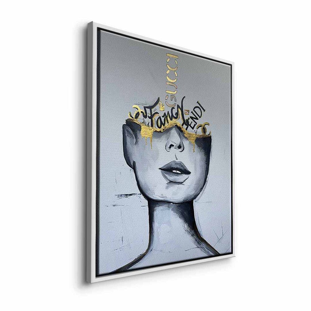 DOTCOMCANVAS® Leinwandbild, Weißes Wandbild Fancy Rahmen - Frauen Gold mit weißer - Gesicht