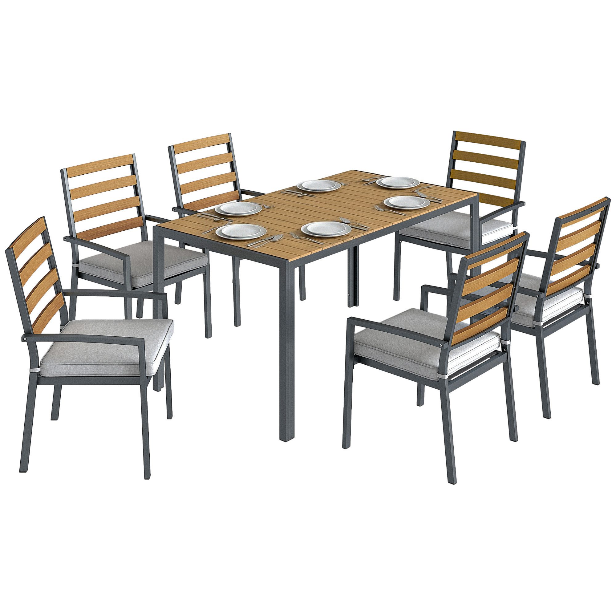 Outsunny Garten-Essgruppe Sitzgarnitur mit 1 Esstisch, 6 Stühlen, Kissen, (Gartenmöbel-Set, 7-tlg., Sitzgruppe), für Terrasse, Naturholz