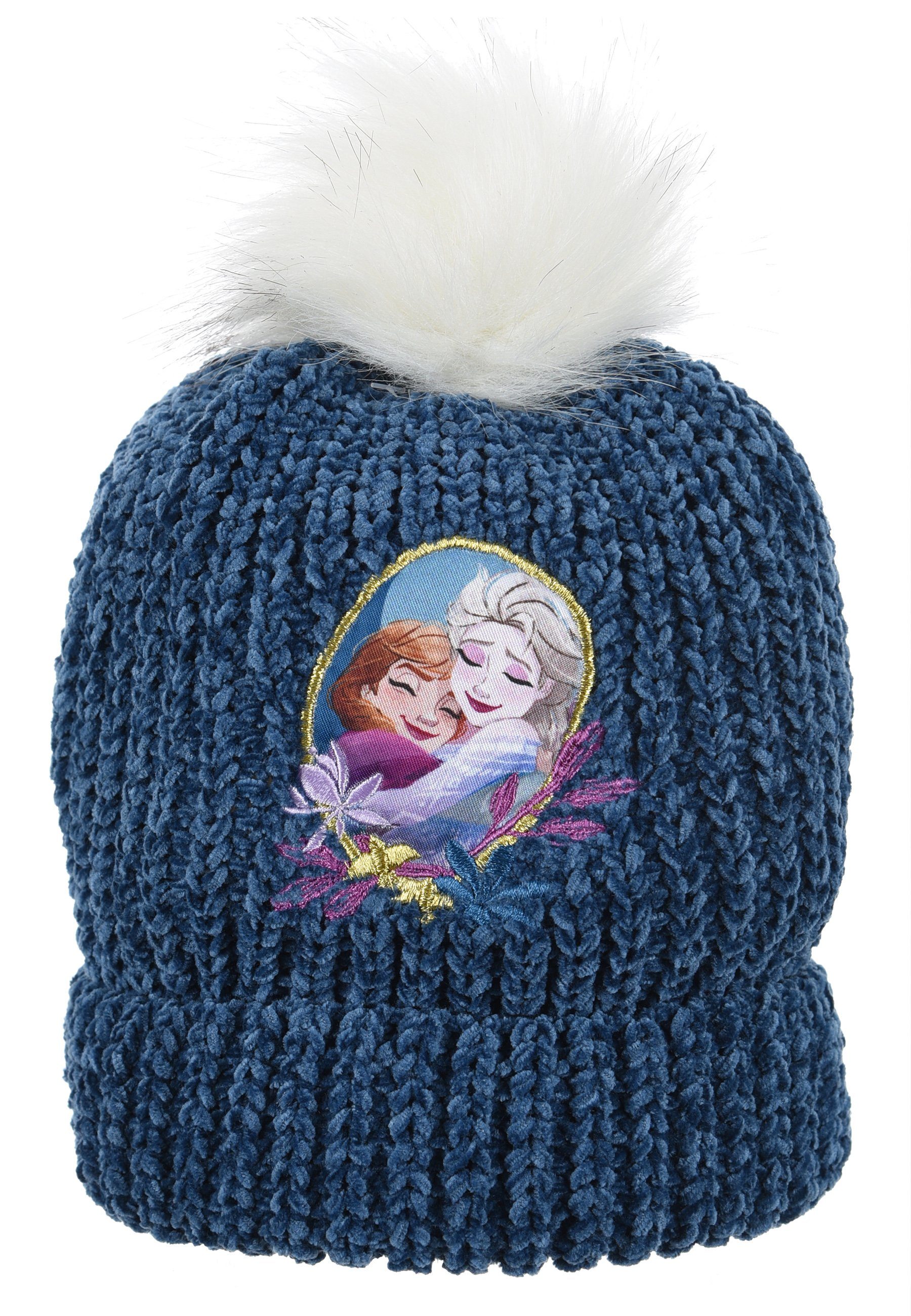 Disney Frozen Bommelmütze Eiskönigin Anna und Elsa Kinder Mädchen Winter-Mütze Strick Mütze Dunkel-Blau