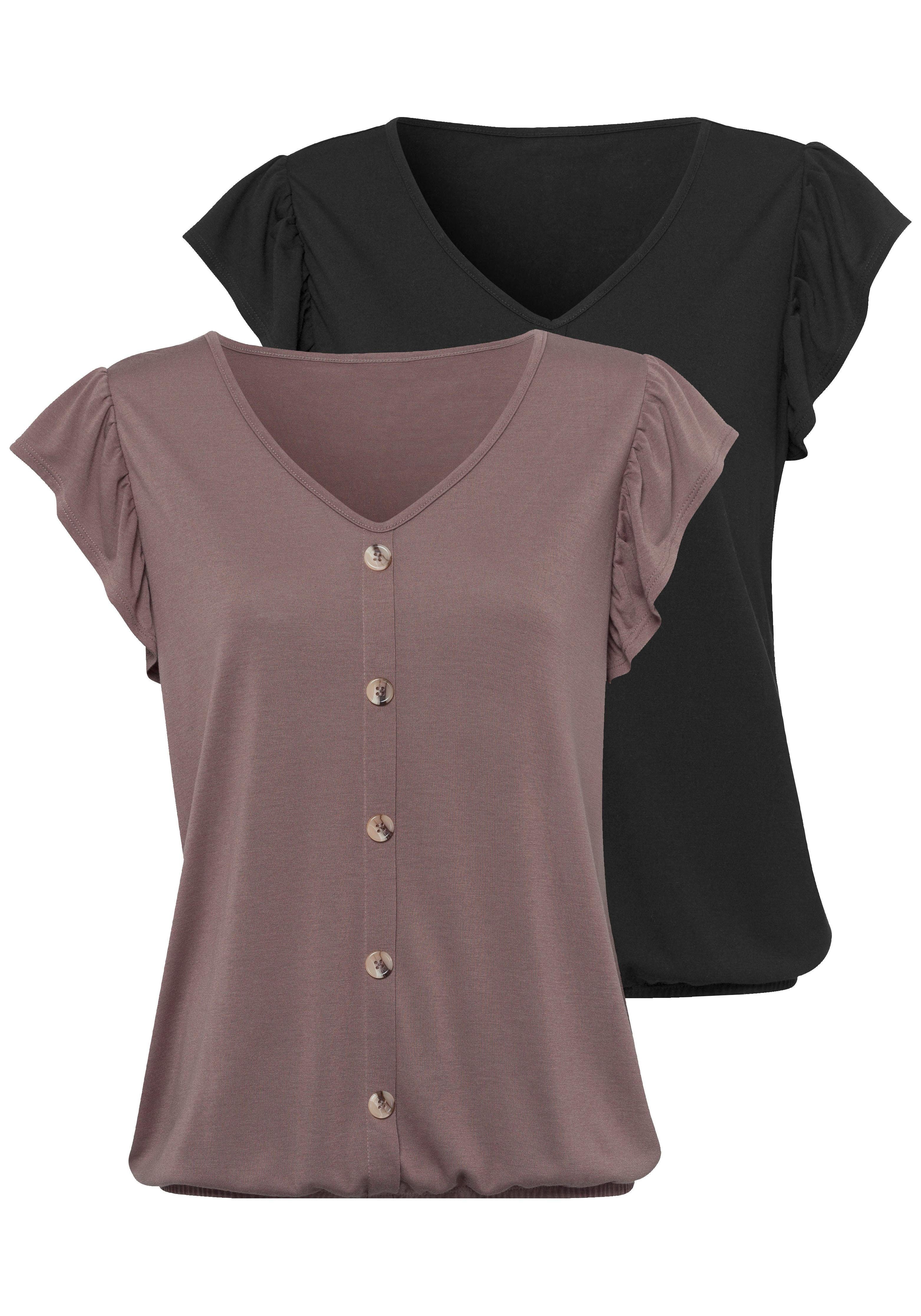 Kurzarmshirt mit Zierknopfleiste und Flügelärmelchen