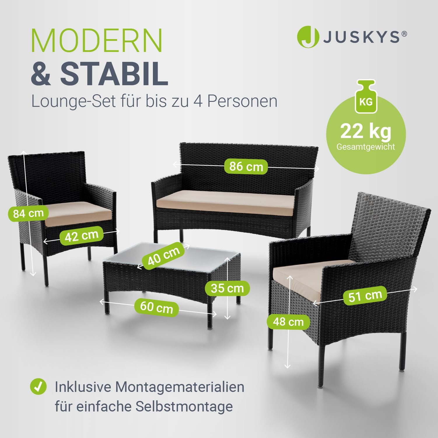 Juskys Gartenlounge-Set Fort Myers, wetterfeste Polyrattan Sitzgruppe für 4 Personen