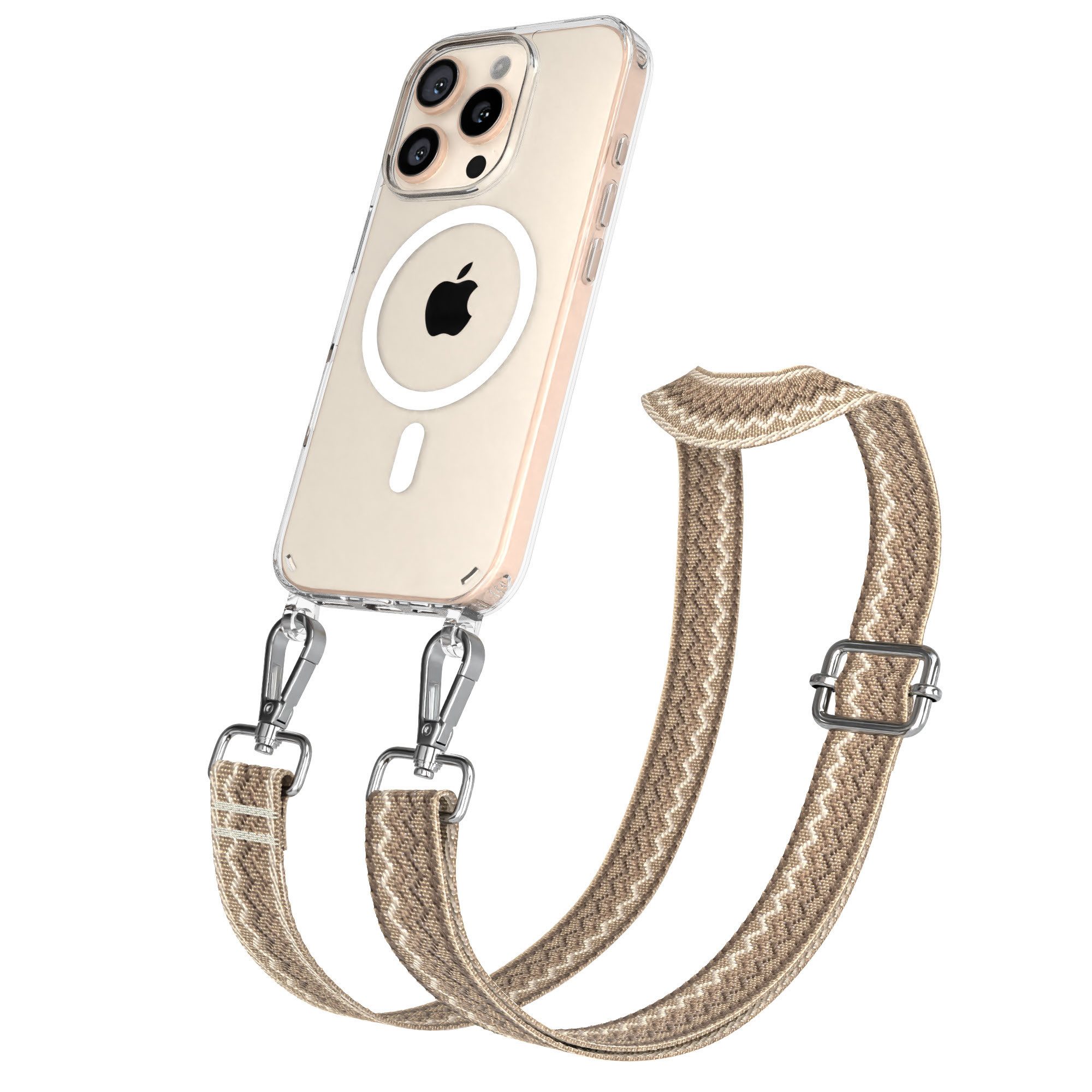 EAZY CASE Handykette Umhängeband MagSafe Hülle für Apple iPhone 16 Pro 6,3 Zoll, Verstellbarer Trageriemen Wave Case MagSafe DIY Gürteltasche Braun