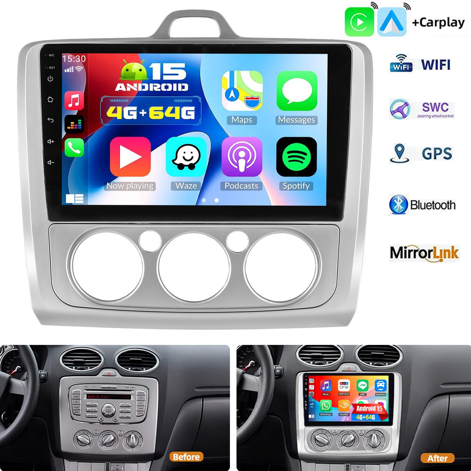 ESSGOO Für Ford Focus MK2 MK II 2004-11 Android 15 Autoradio Carplay Navi GPS Autoradio (RDS, 4+128GB(optional), 4+64GB(optional), FM, GPS, 1280*720, DAB+ (optional), SWC, Apple Carplay & Android Auto,Bluetooth,ASP)