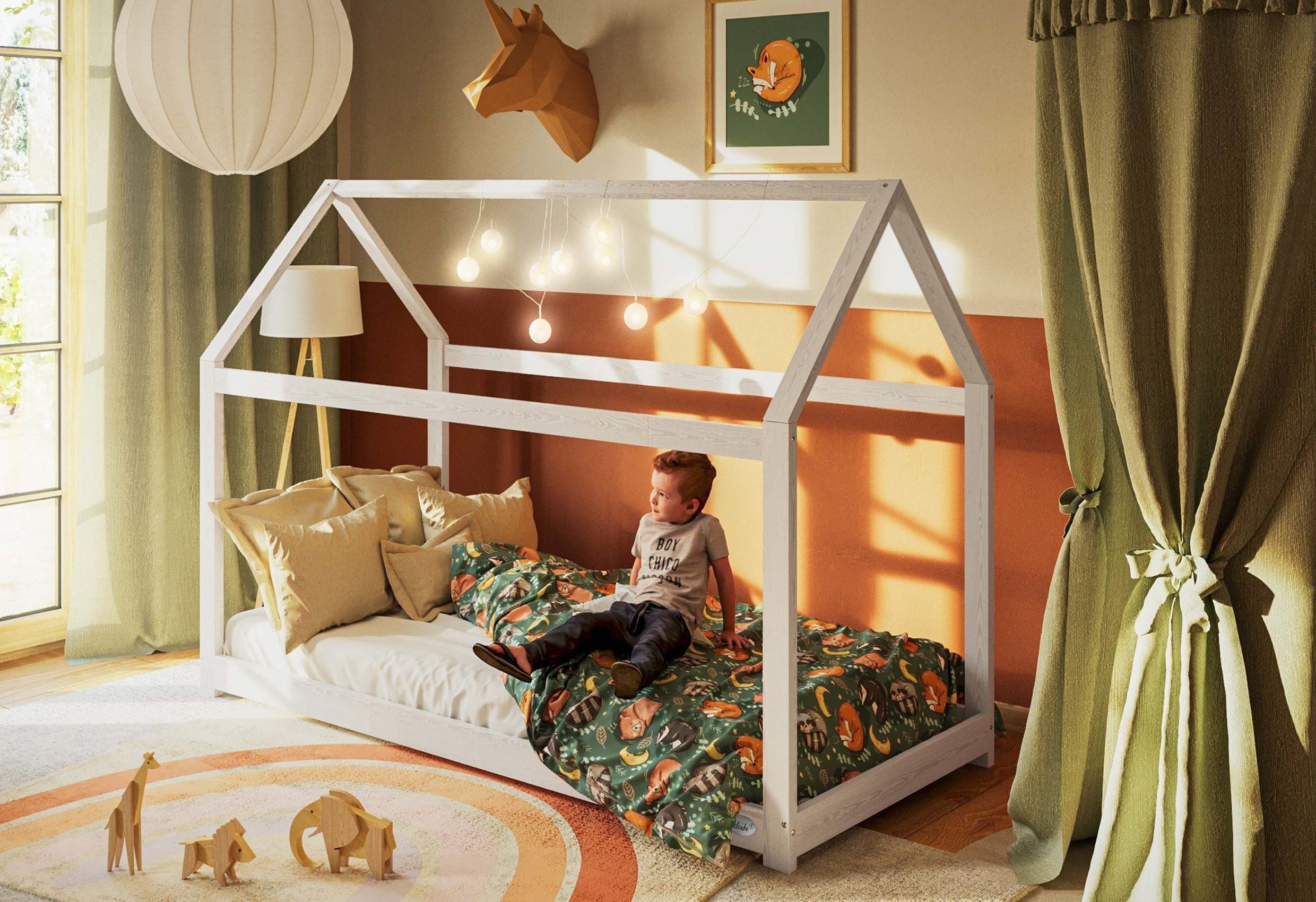 Alcube Hausbett HOLMI, Kinderbett 80x160 cm Montessori Stil, Jugendbett  bodentief Kiefernholz, Hausbett für Jungen und Mädchen, aus Massivholz -  Bett in Weiß