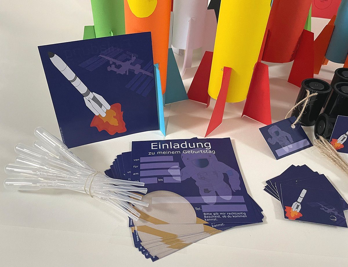 myExperimentSet Einladungskarten und Experimente für Weltraum/Raketen-Kindergeburtstagsparty, 10 Stück, Einladen, basteln, experimentieren
