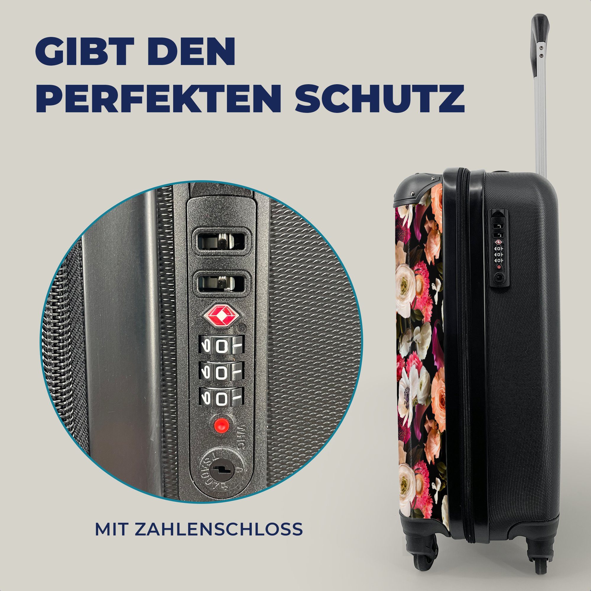 Reisekoffer für Rollen, Farbe Handgepäckkoffer Trolley, Reisetasche MuchoWow mit 4 Ferien, - Handgepäck rollen, Muster, Blumen -