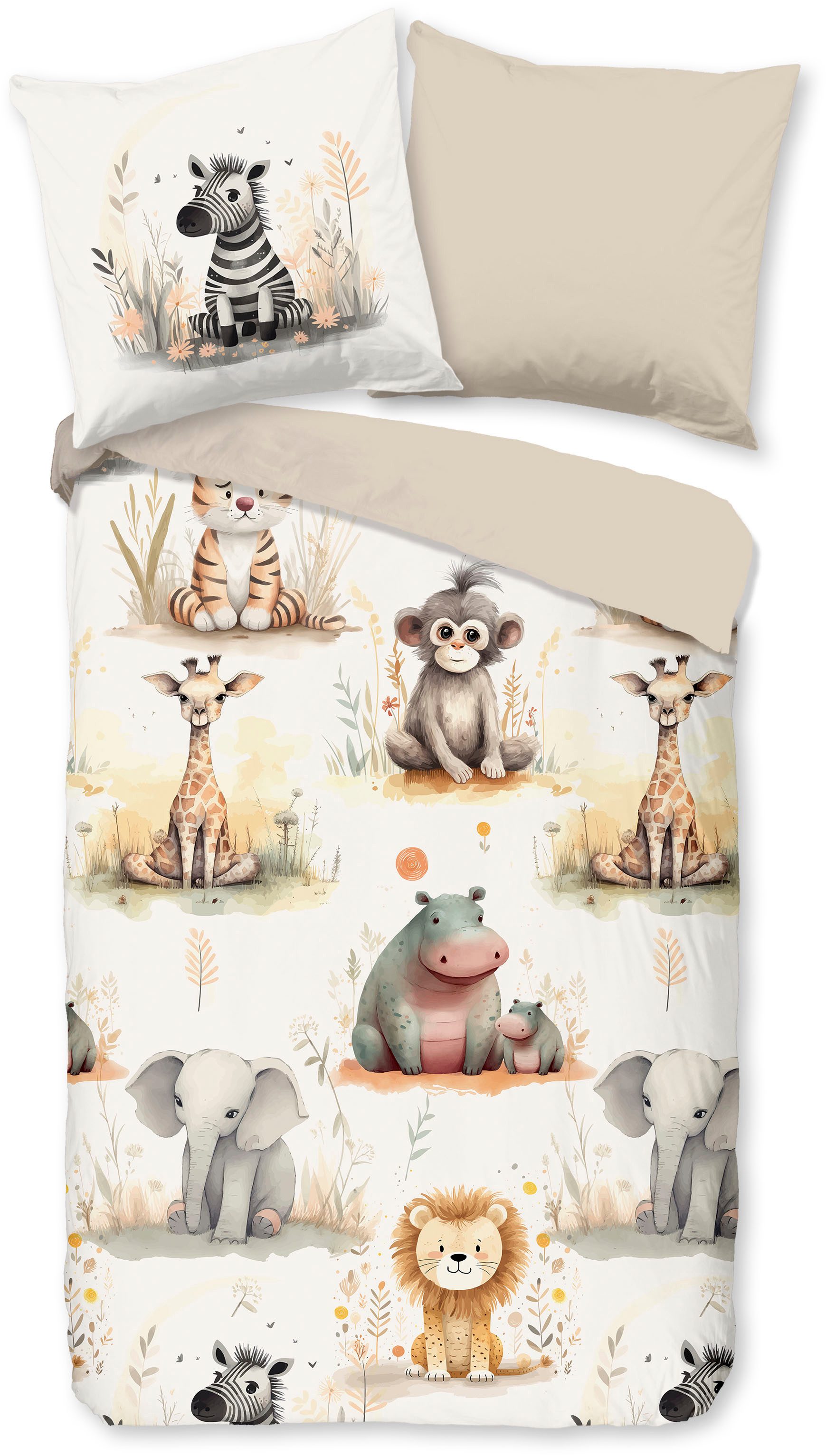 PURE luxury collection Kinderbettwäsche Pete, Microfaser, 2 teilig, Mikrofaser, 135x200, 2 Teilig, Wendeoptik, Kind, Tiere, Sand