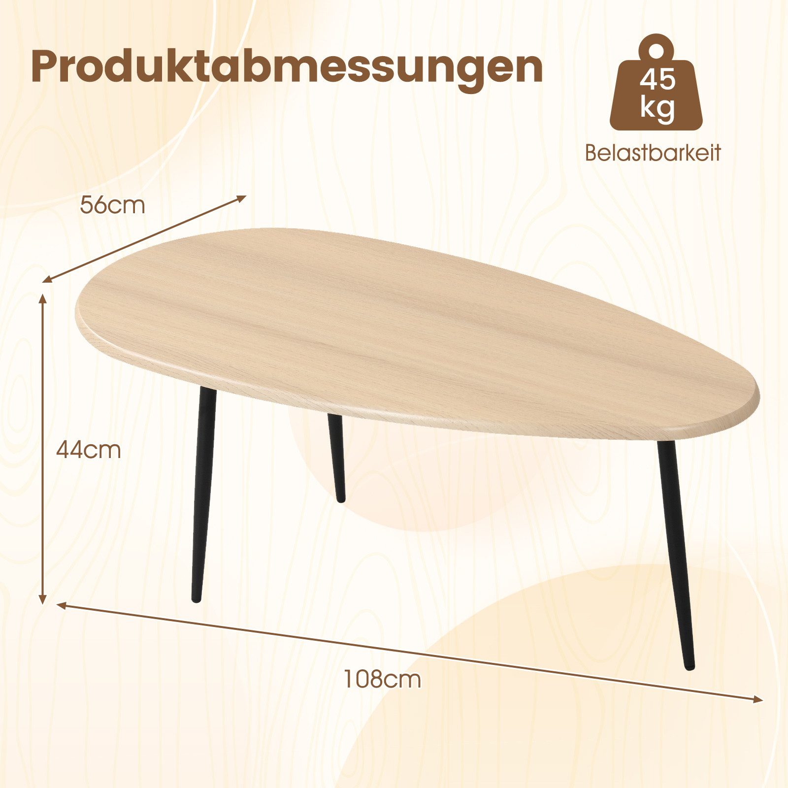 COSTWAY Couchtisch, Wohnzimmertisch oval, mit stabiler Metallkonstruktion