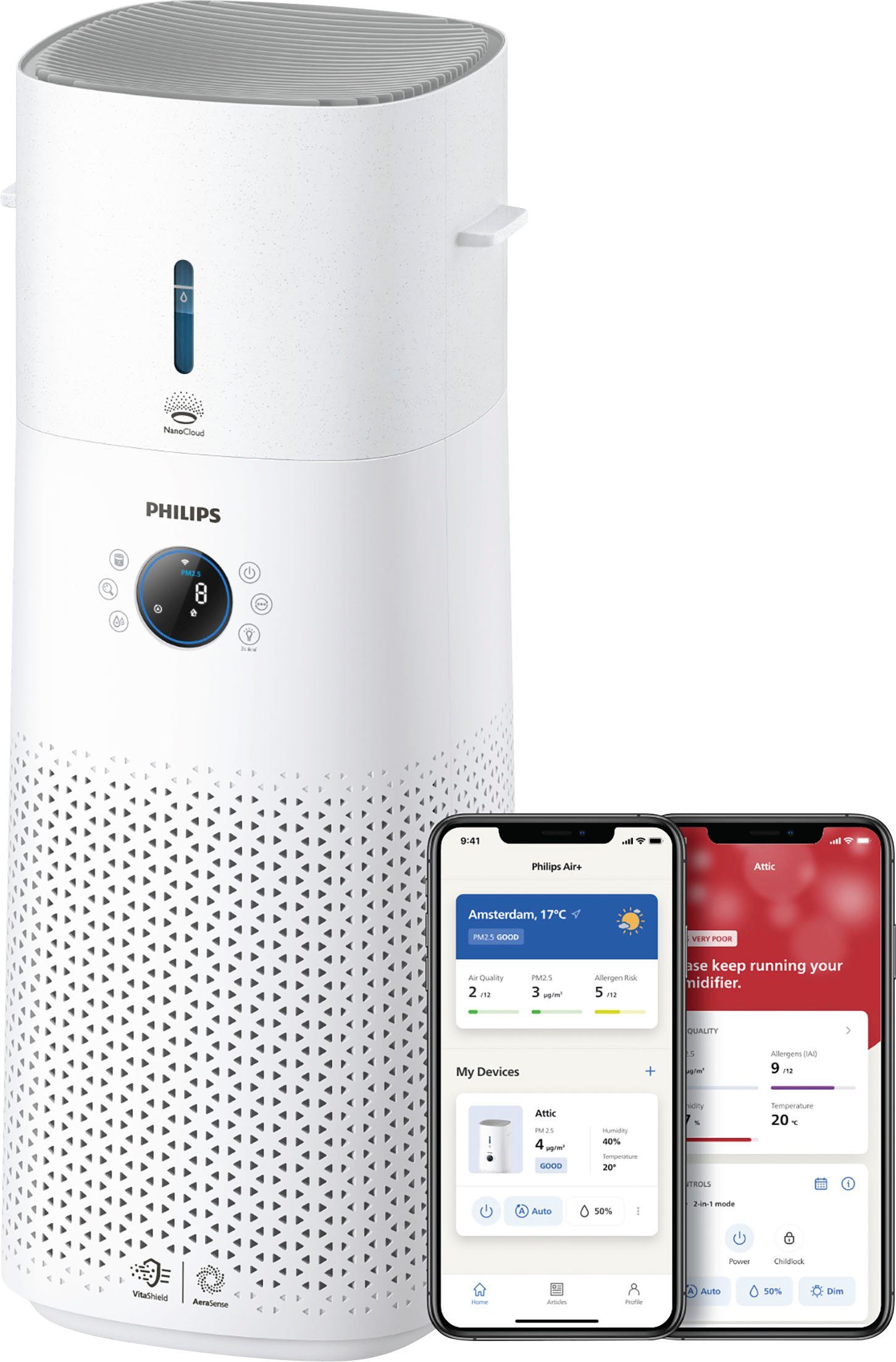 Philips Kombigerät Luftbefeuchter und -reiniger AC3737/10 3000 Series, für 131 m² Räume, mit 505 m³/h CADR und 650 ml/h Befeuchtungsrate, WLAN, Air+ App