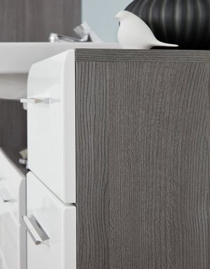 Furn.Design Waschbeckenunterschrank Lemos (Badschrank in weiß Hochglanz und Rauchsilber grau, Breite 60 cm) 2-türig, 2 Fächer
