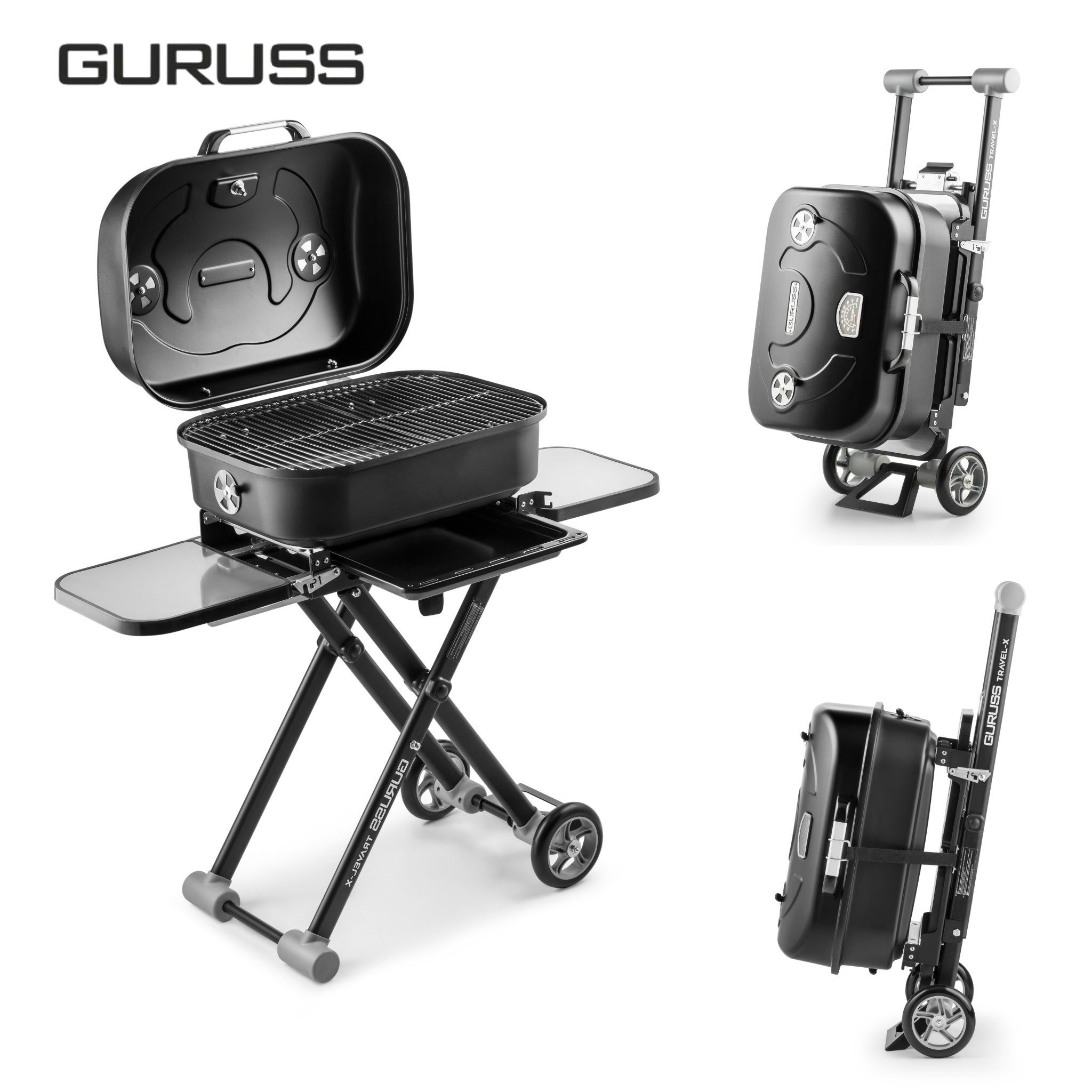Guruss Holzkohlegrill Grillwagen Tragbarer Holzgrill Klappbare Seitentische Edelstahl, Transportfähige Rollen, Höhenverstellbar (3 stufen), 37 x 93 x 41 cm