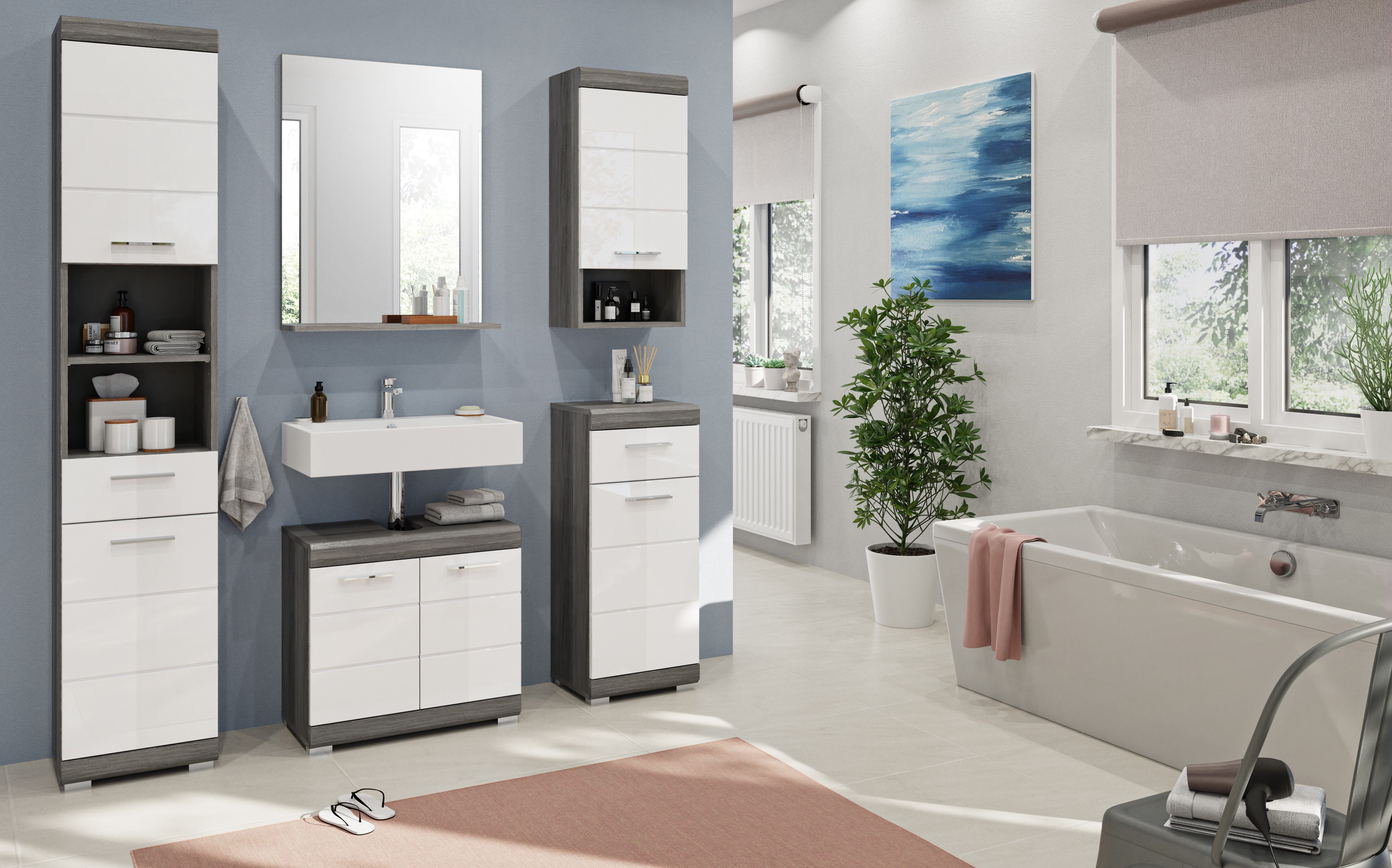 furnling Badmöbel-Set Scott, (4-St., bestehend aus Spiegel, Hängeschrank, Standschrank, WBU), Badmöbel, Badezimmermöbel, Komplett-Set, modern