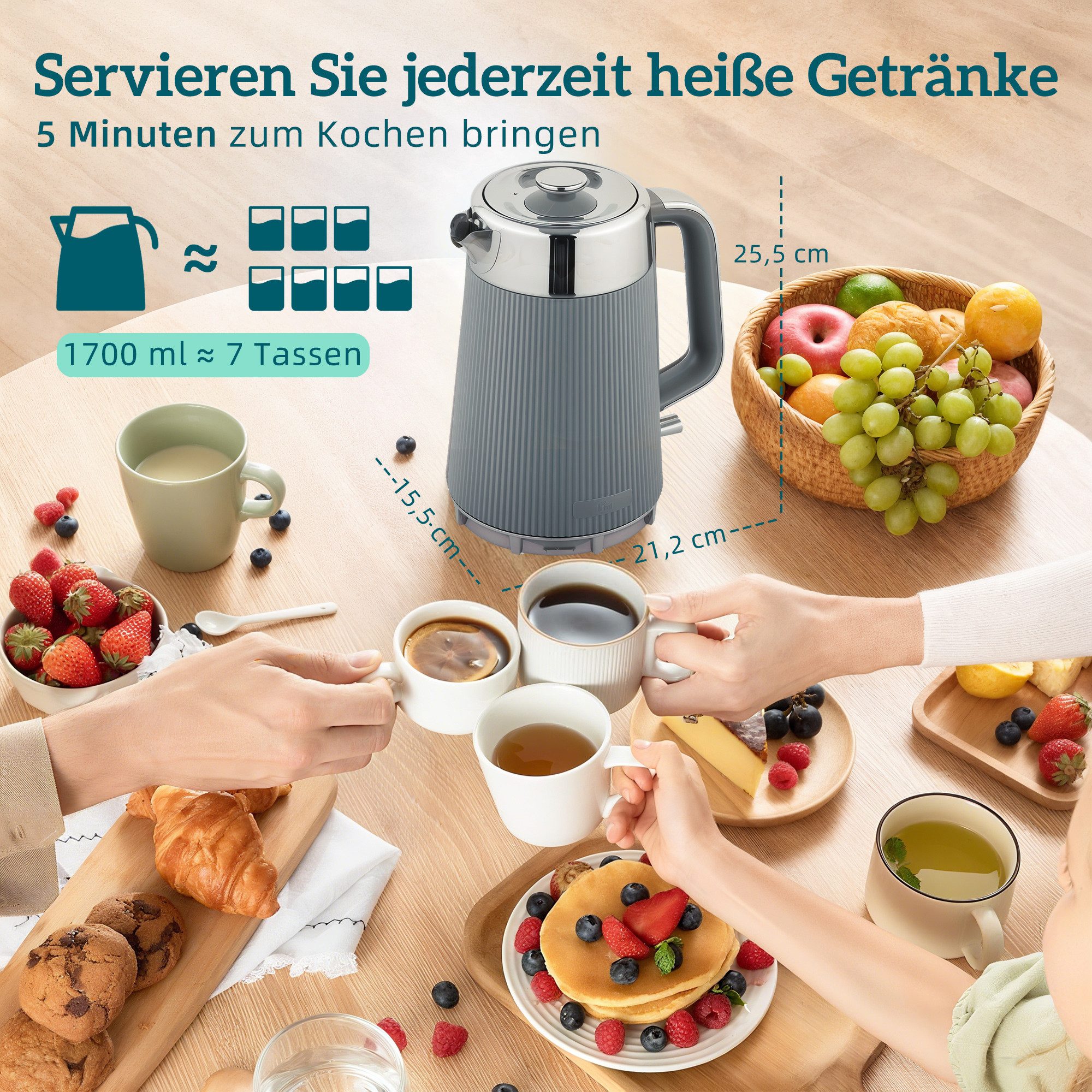 HOMCOM Frühstücks-Set Wasserkocher Toaster Set 1,7L mit Edelstahl-Innenraum 2200W (2-tlg), 4 Scheiben Toaster mit 7 Bräunungsstufen, Kalkfilter