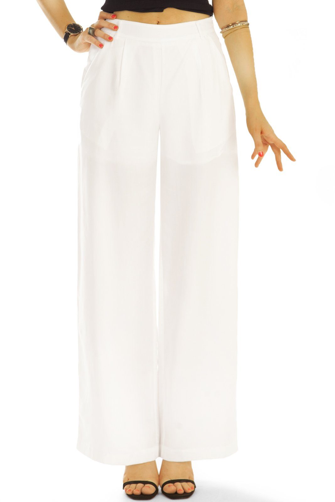 Hosen Unifarben Bundfalten be weit in geschnittene Stoffhose Stoffhosen, - Damen bequem j43g-2 - weiß styled