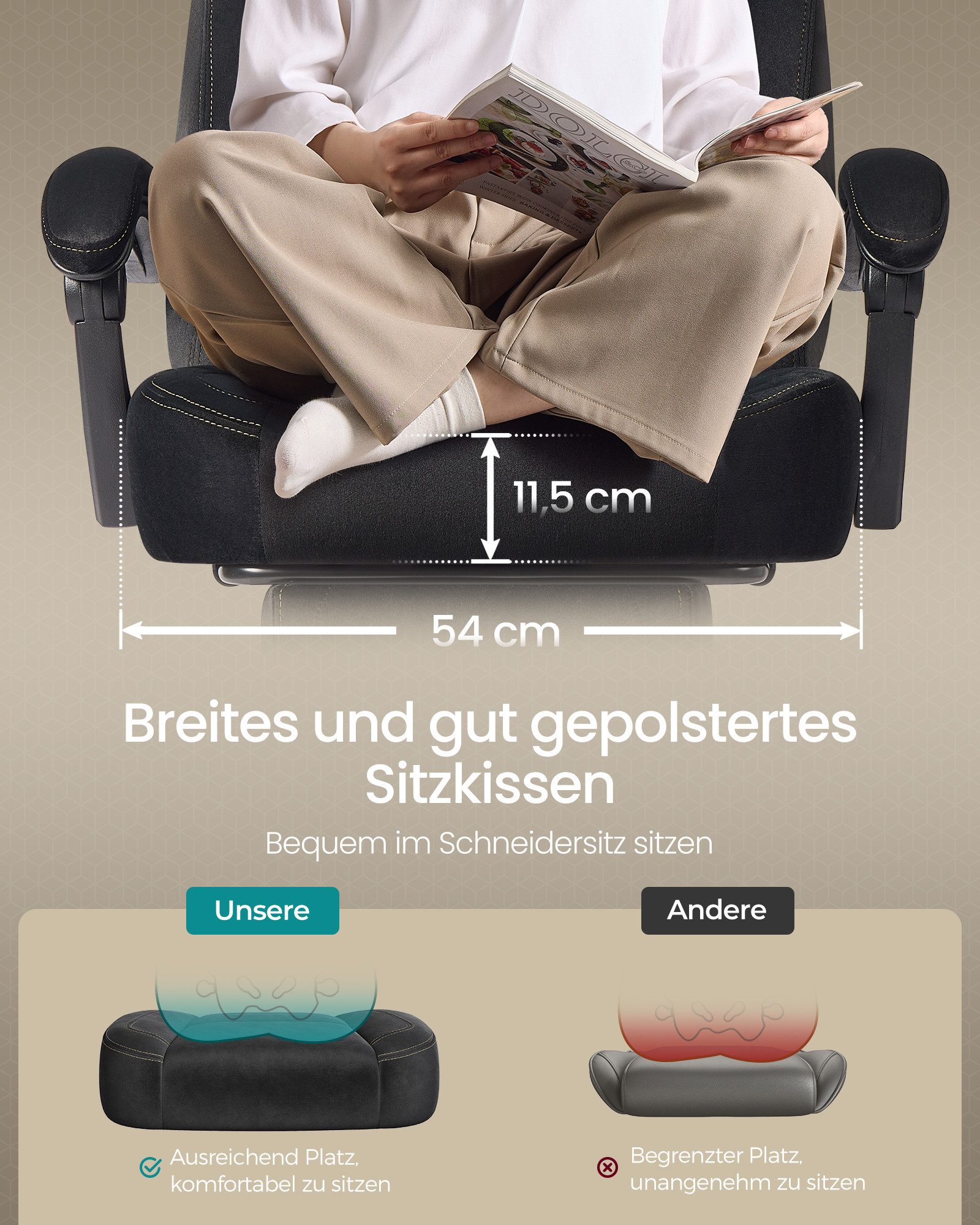 SONGMICS Bürostuhl Gaming-Stuhl, Computerstuhl ergonomischer, bis 150 kg belastbar, mit ausziehbarer Fußstütze, verstellbarem Kopfkissen und Lendenkissen – Bild 5 von 5
